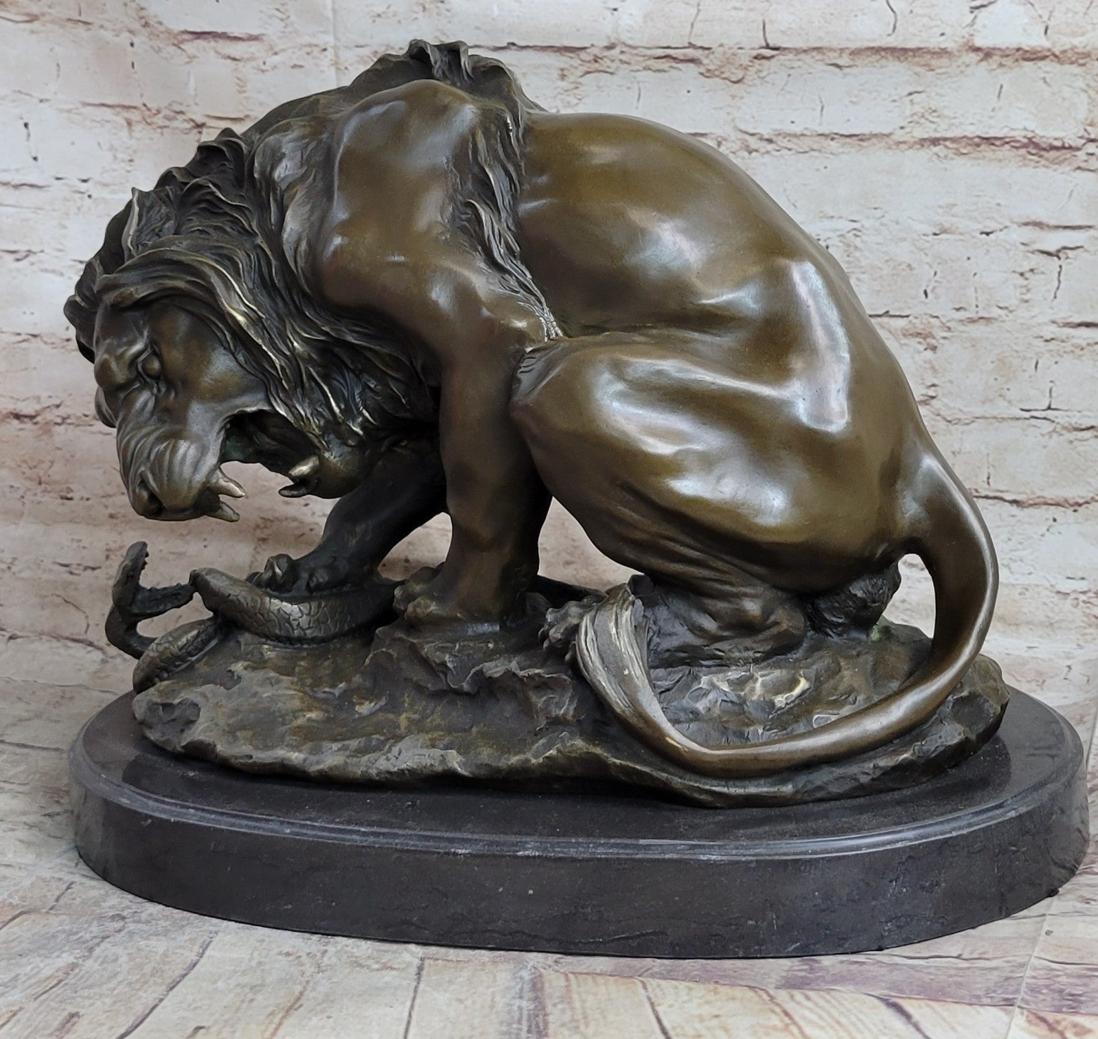 Handcrafted Extra Large Lion and Serpent Museum Quality Bronze Artwork Sculpture