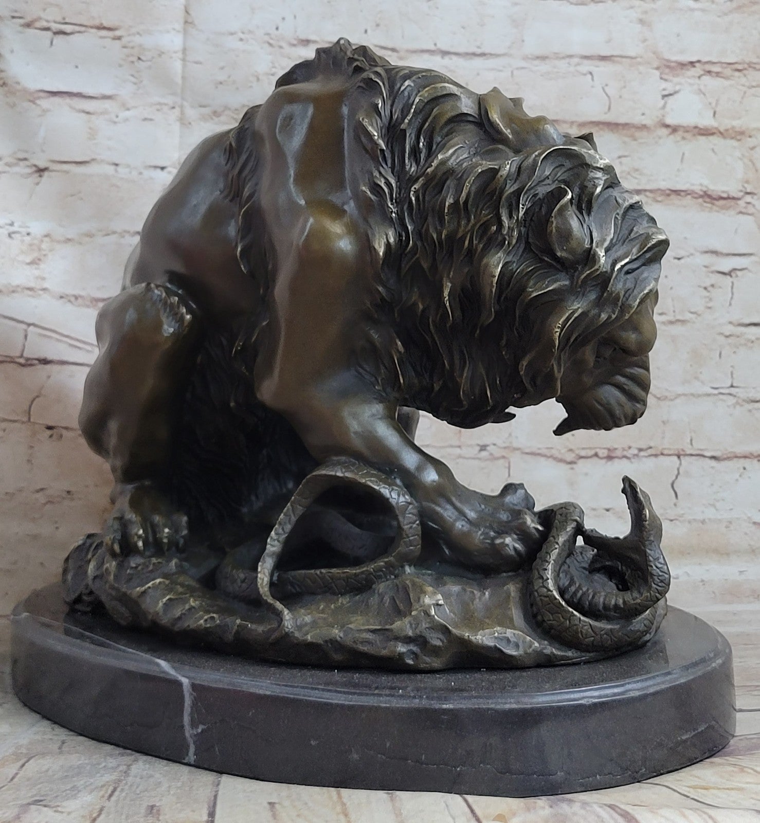 Handcrafted Extra Large Lion and Serpent Museum Quality Bronze Artwork Sculpture