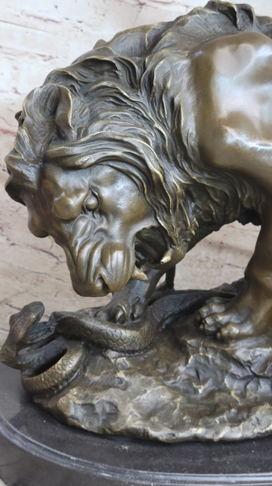 Handcrafted Extra Large Lion and Serpent Museum Quality Bronze Artwork Sculpture