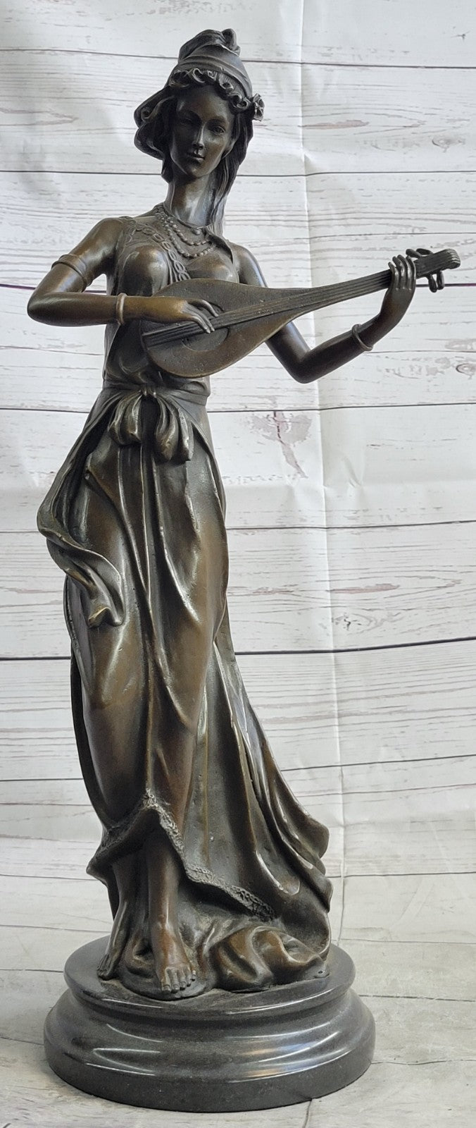 Jean Patoue`s Masterpiece: Handmade Bronze Statue Of A Female Banjo Pl