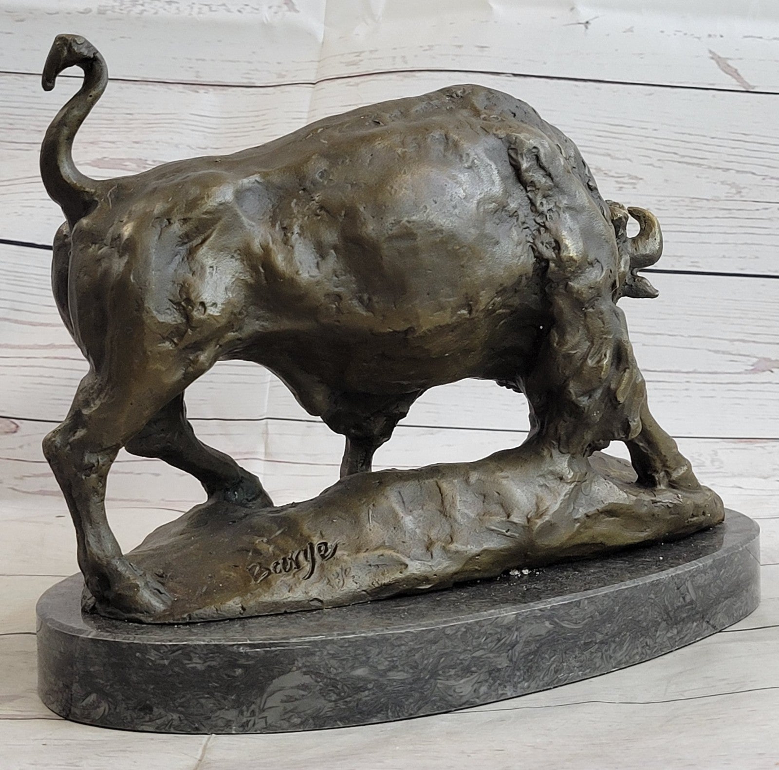 Hot Cast Bronze American Buffalo Sculpture Signed Barye Hand Made Figurine Decor