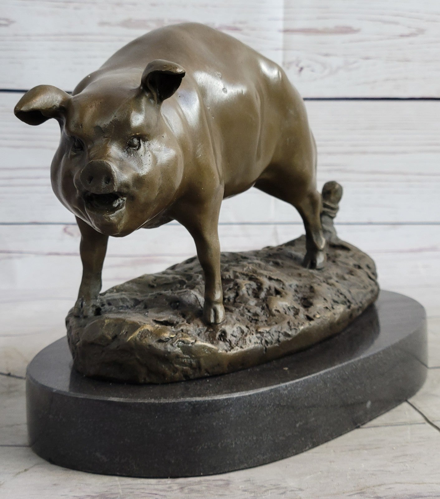 12" Folk Chinese Bronze Fengshui Zodiac Year Boar Pig Animal Statue Sculpture