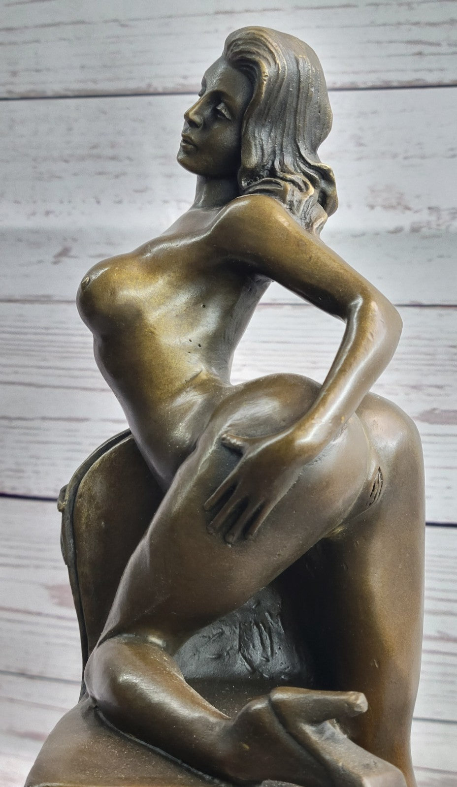 SEXY NUDE GIRL POSING ON CHAIR BRONZE SCULPTURE ART DECO HOTCAST FIGURINE DECOR