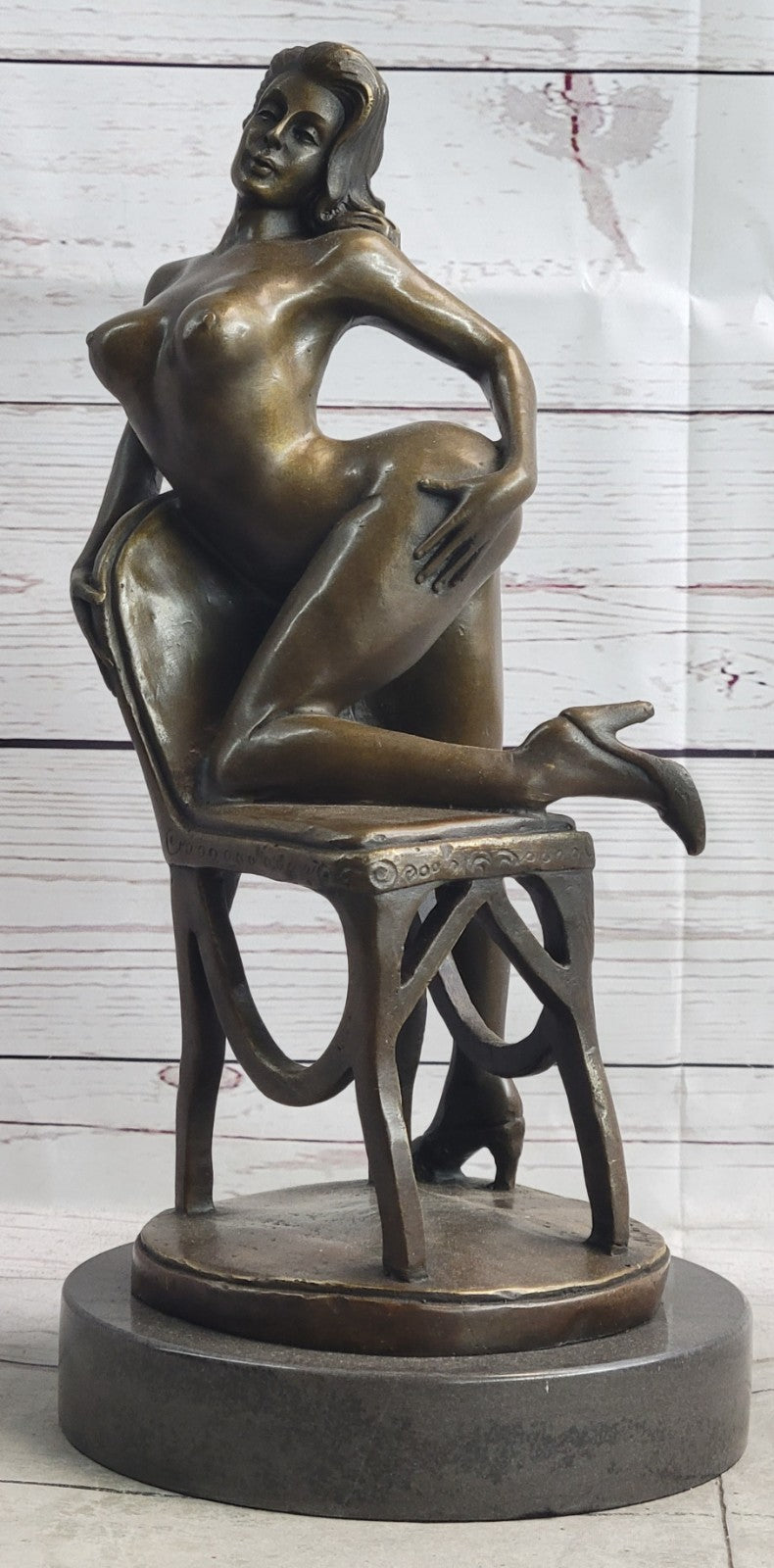 SEXY NUDE GIRL POSING ON CHAIR BRONZE SCULPTURE ART DECO HOTCAST FIGURINE DECOR