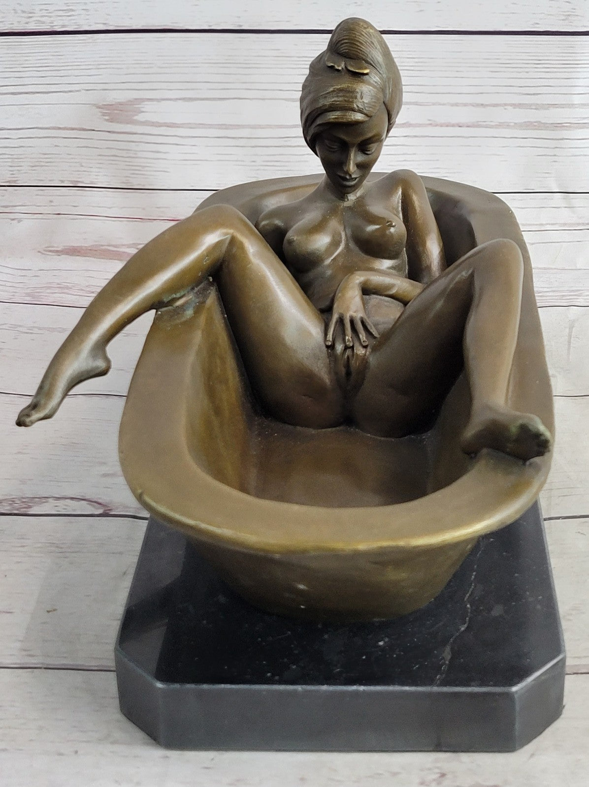 Signed Preiss Lost Wax Nude Lady in Hot tub Bronze Sculpture Marble St