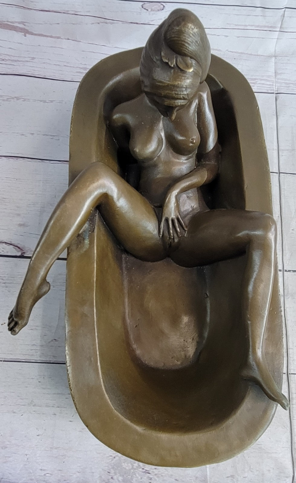 Signed Preiss Lost Wax Nude Lady in Hot tub Bronze Sculpture Marble St