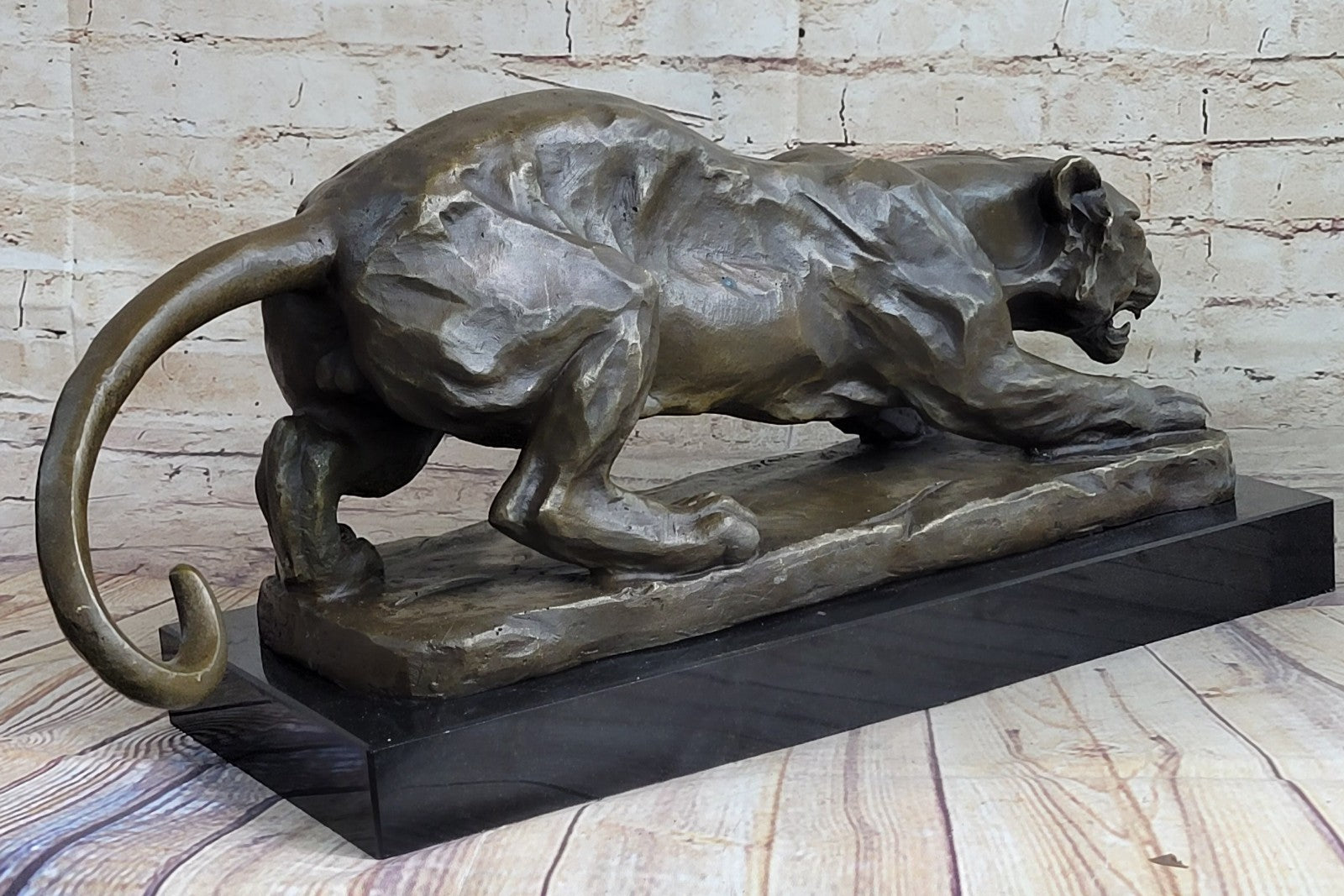 Large Barye Panther Cougar Art Deco Lost Wax Bronze Sculpture Hot Cast Figurine