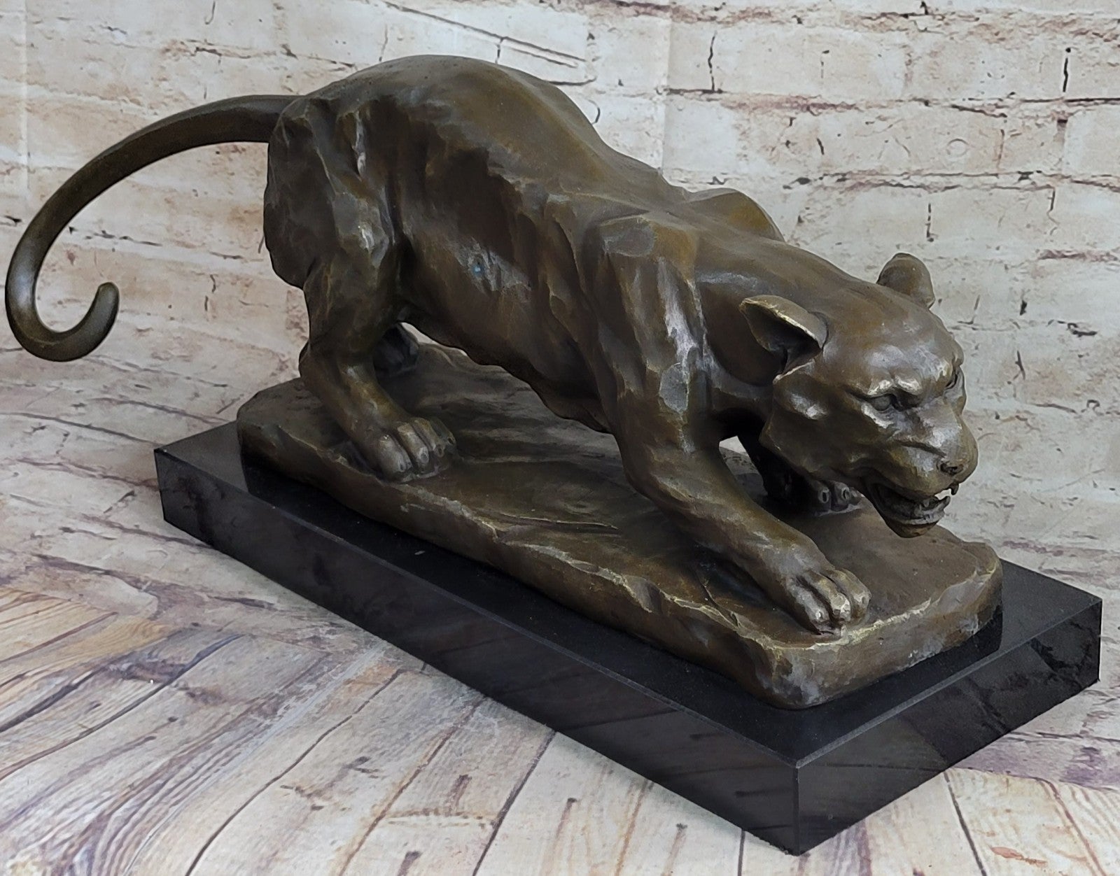 Large Barye Panther Cougar Art Deco Lost Wax Bronze Sculpture Hot Cast Figurine