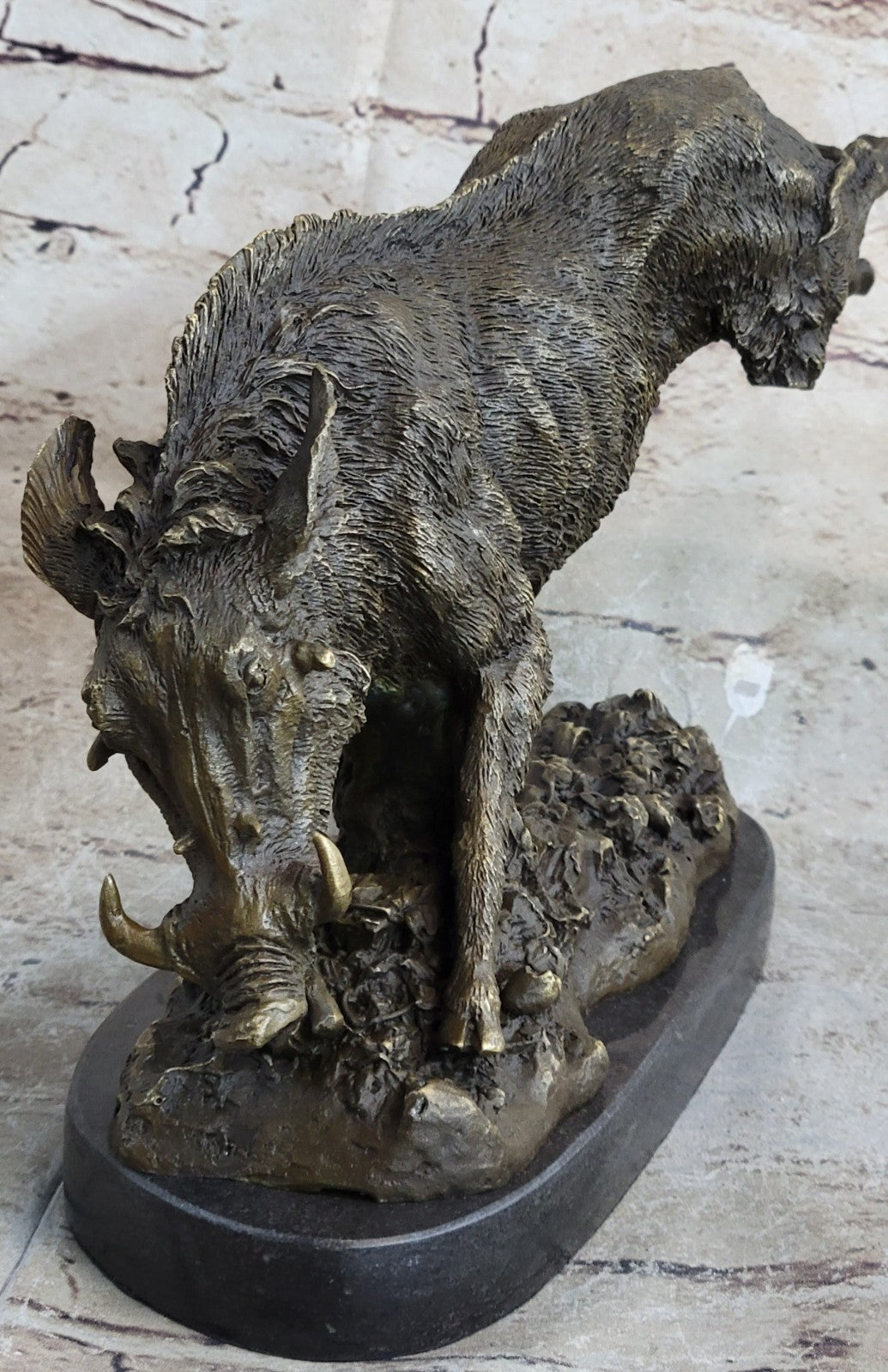 China Chinese Marble Base Bronze Wild Animal Boar Pig Figure Statue Sculpture