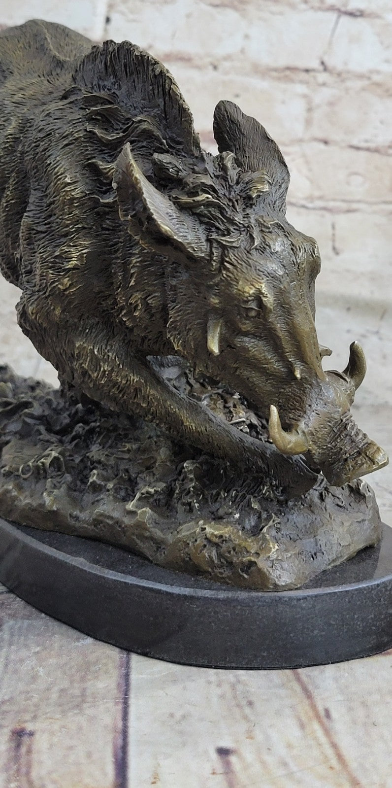 China Chinese Marble Base Bronze Wild Animal Boar Pig Figure Statue Sculpture