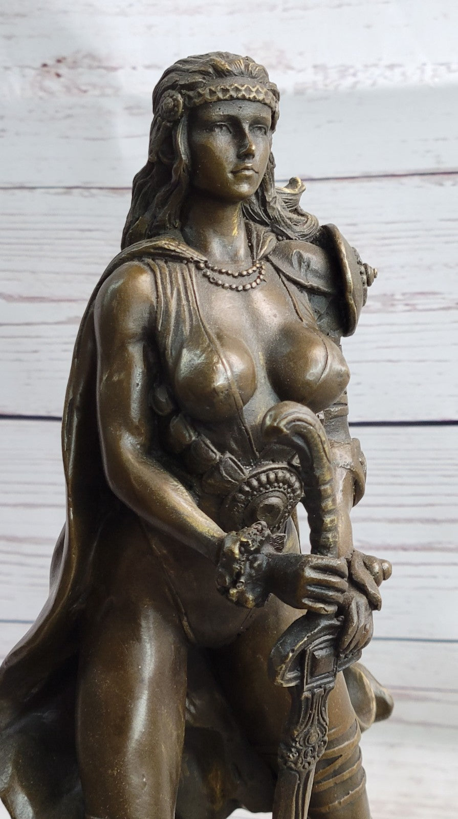 Signed Original Tough Amazon Warrior Girl Bronze Sculpture Statue Marble Figure