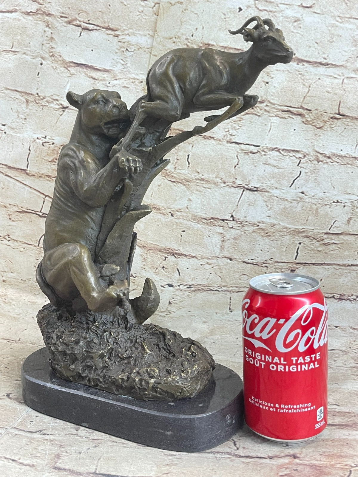 Art Deco Cougar Attacking Baby Gazelle Bronze Sculpture Marble Base Figurine