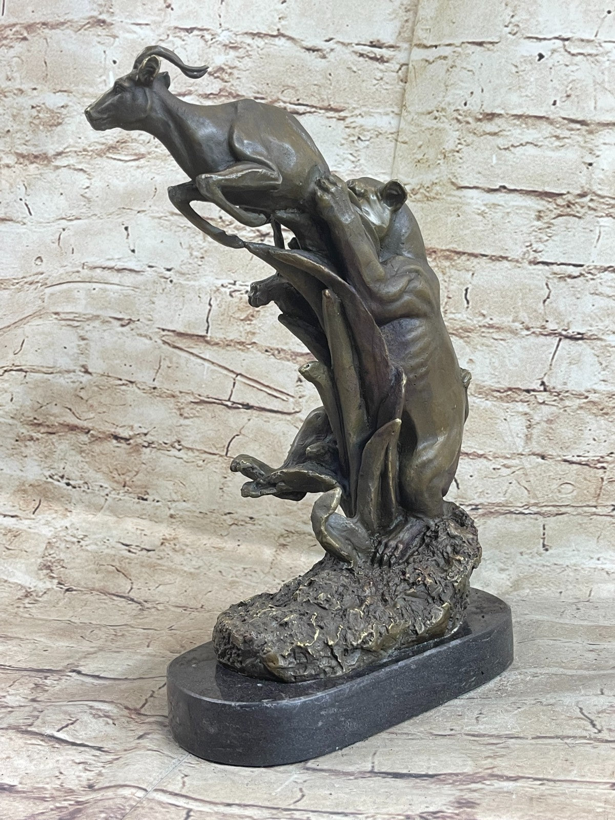 Art Deco Cougar Attacking Baby Gazelle Bronze Sculpture Marble Base Figurine