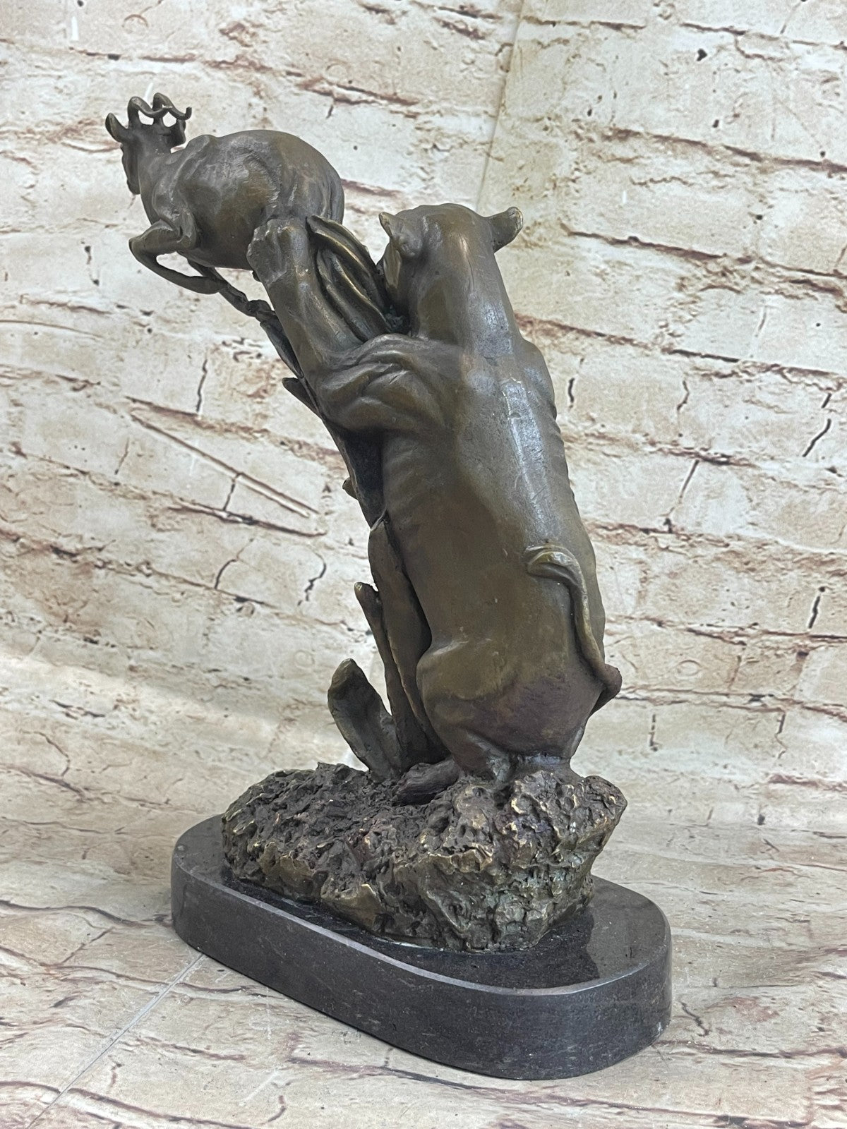 Art Deco Cougar Attacking Baby Gazelle Bronze Sculpture Marble Base Figurine