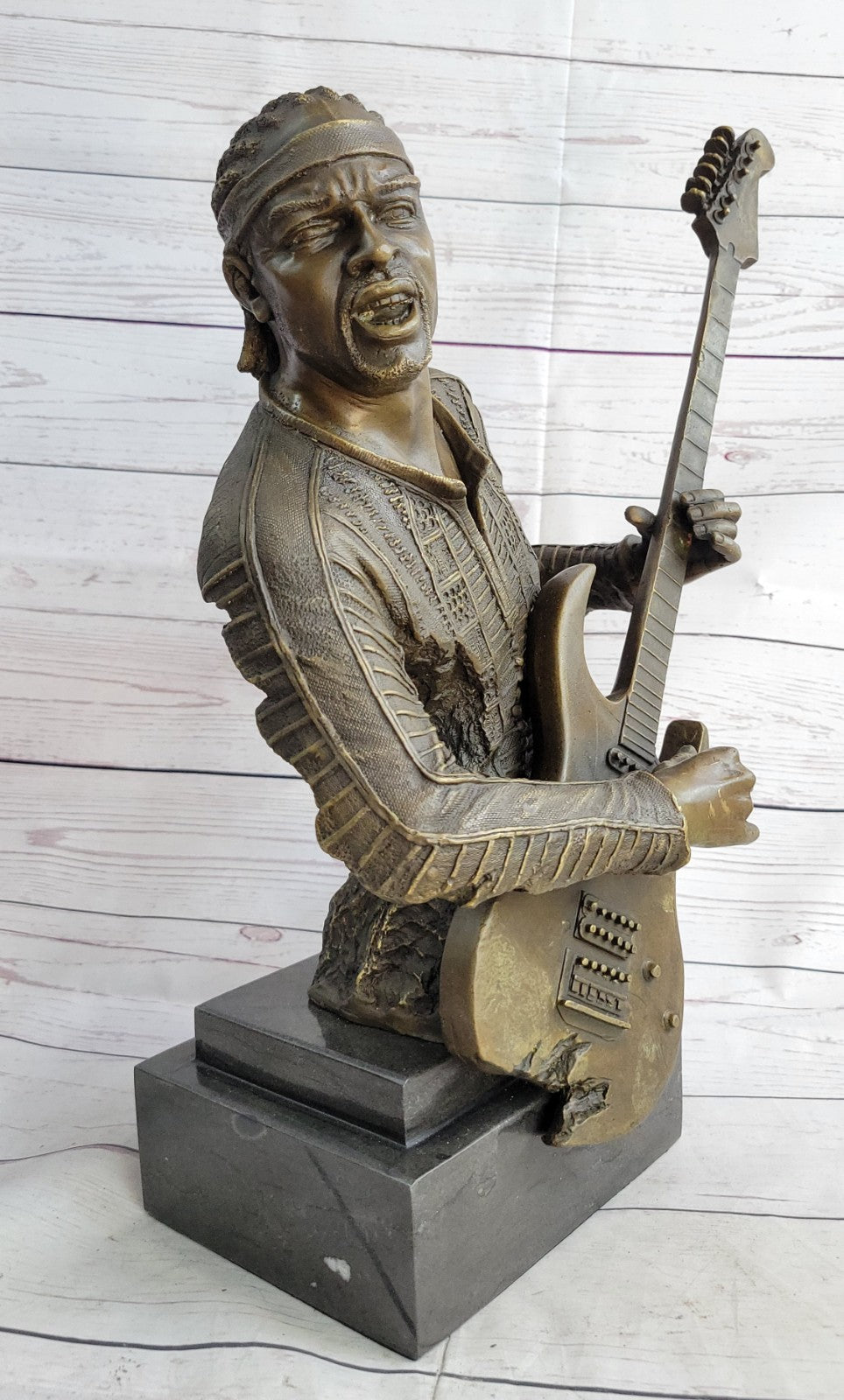 Signed Original Black Guitar Player Singer Bronze Sculpture Marble Statue Figure