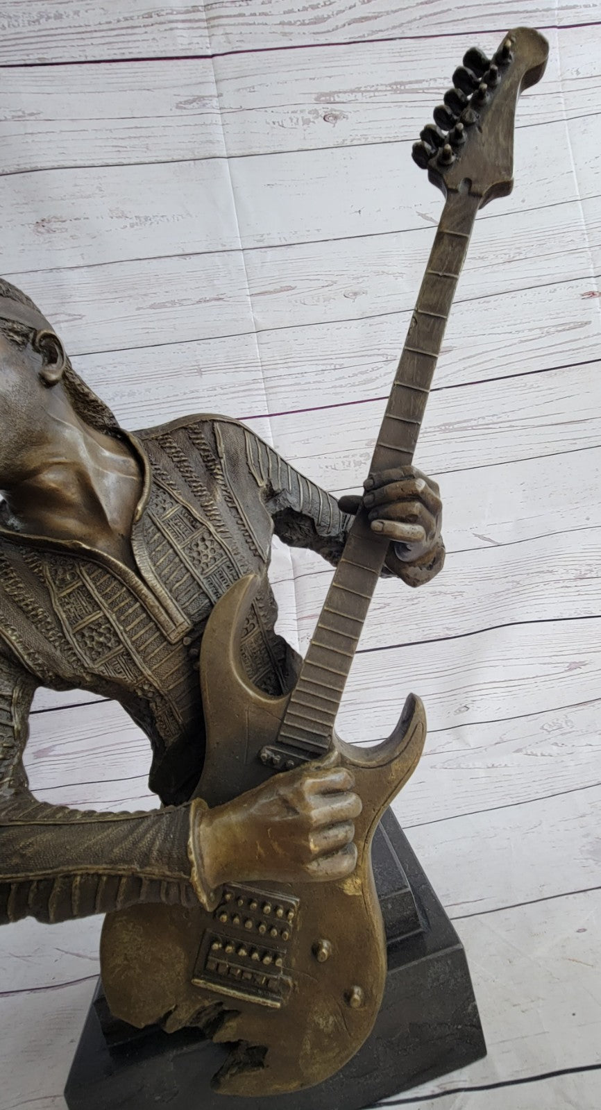 Signed Original Black Guitar Player Singer Bronze Sculpture Marble Statue Figure