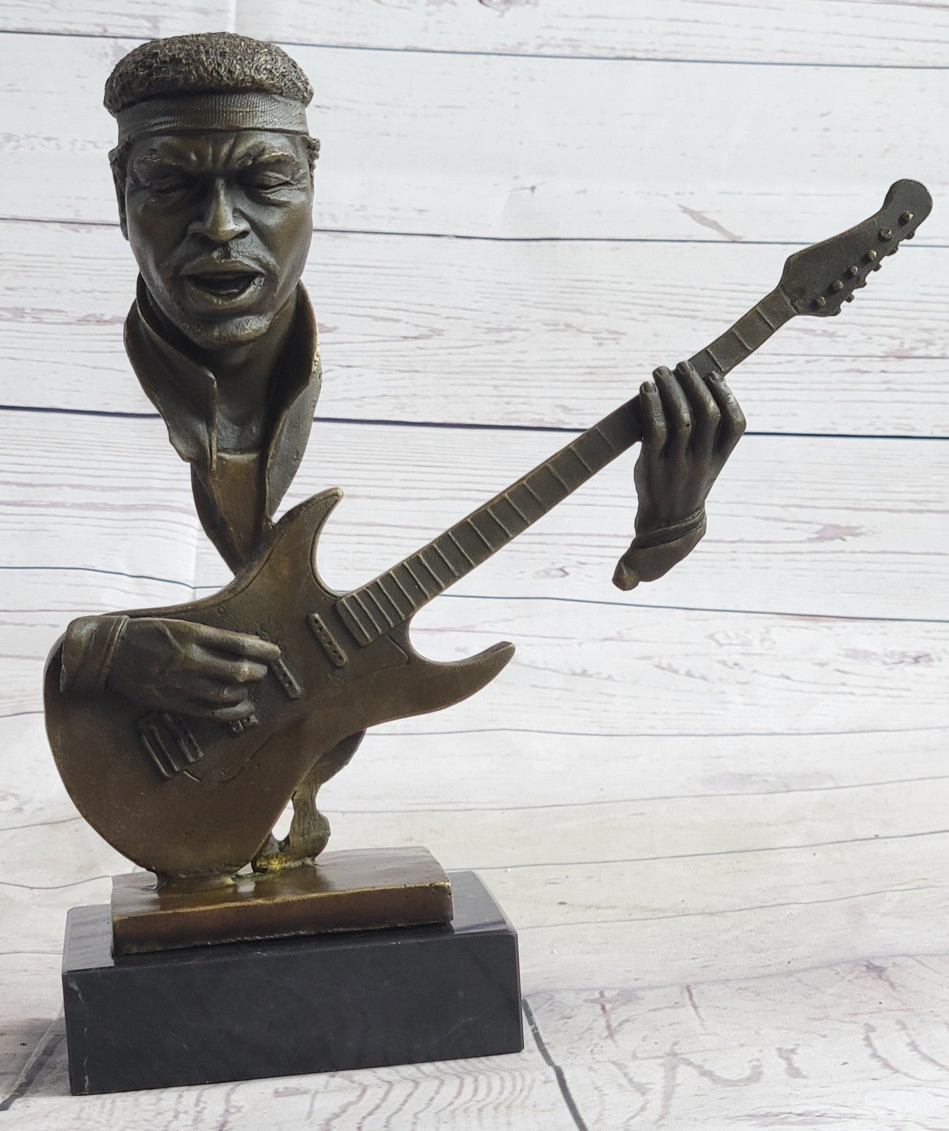 Bronze Statue of Guitar Player Hot Cast Sculpture Marble Base Figurine Home Decor