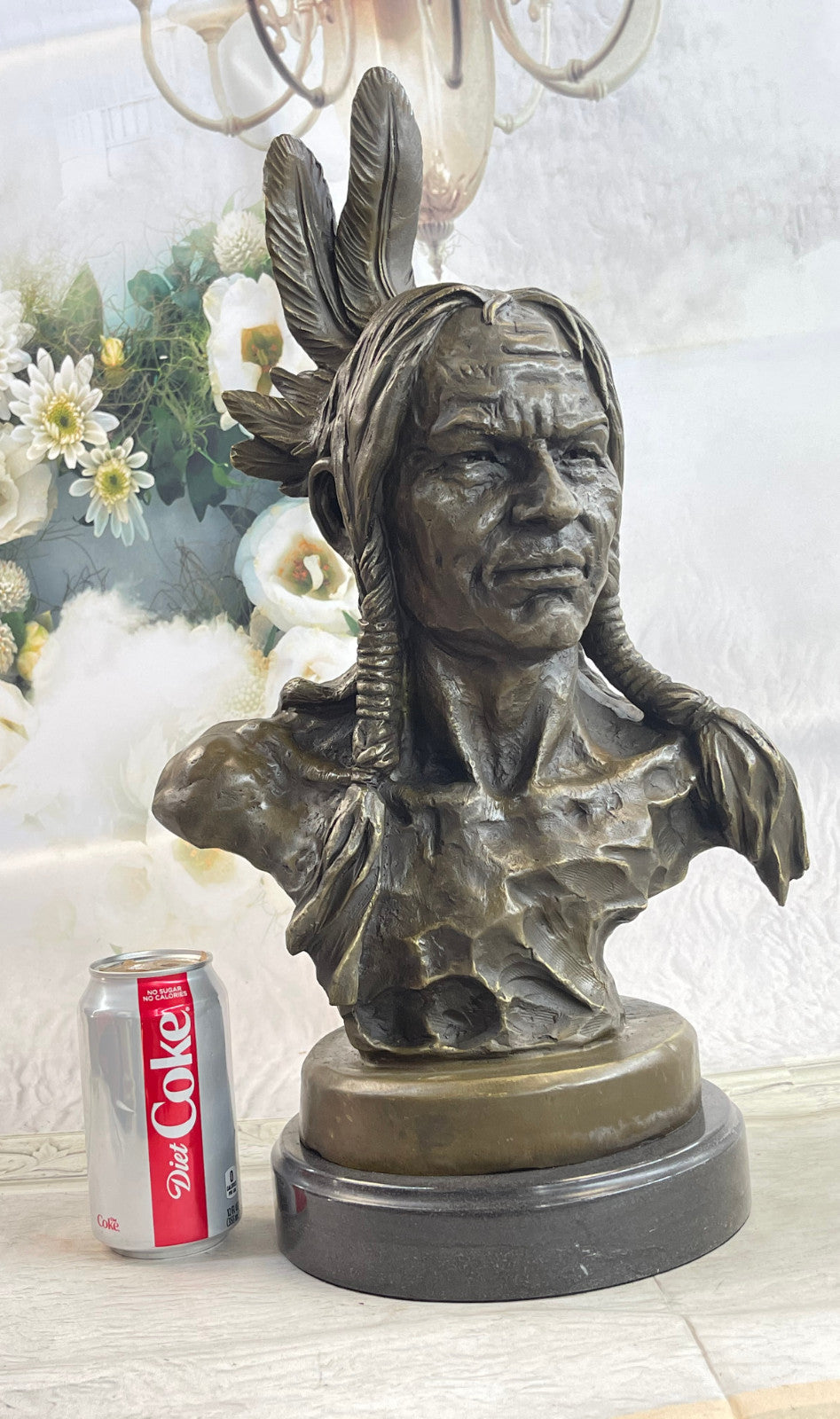 Large Original American Artist Fisher Native Indian Warrior Chief Bust Bronze Sc