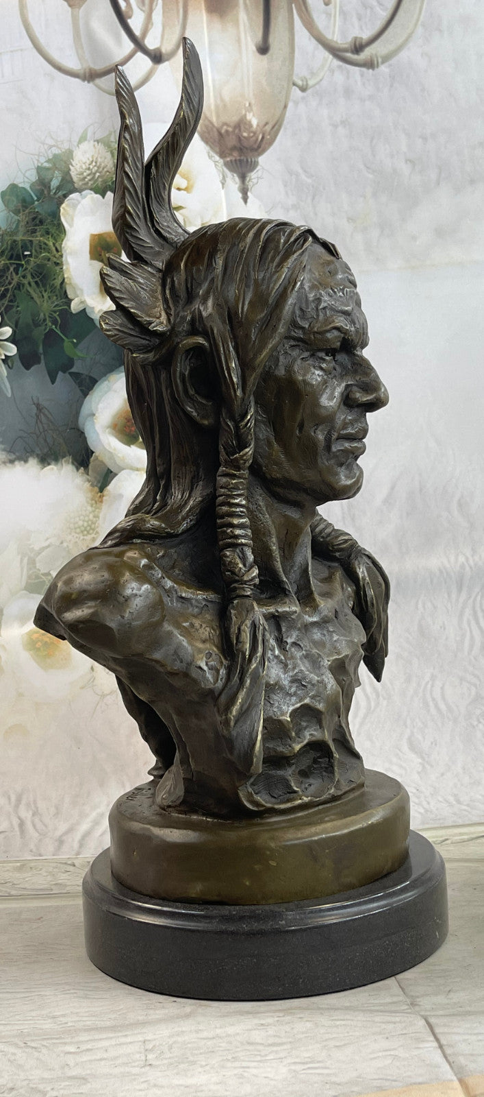 Large Original American Artist Fisher Native Indian Warrior Chief Bust Bronze Sc