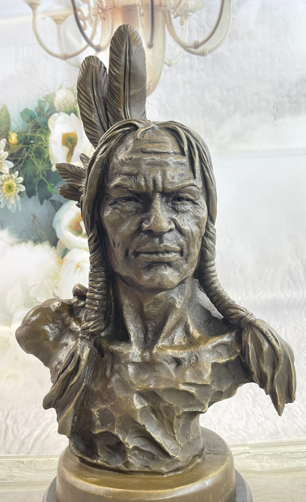 Large Original American Artist Fisher Native Indian Warrior Chief Bust Bronze Sc