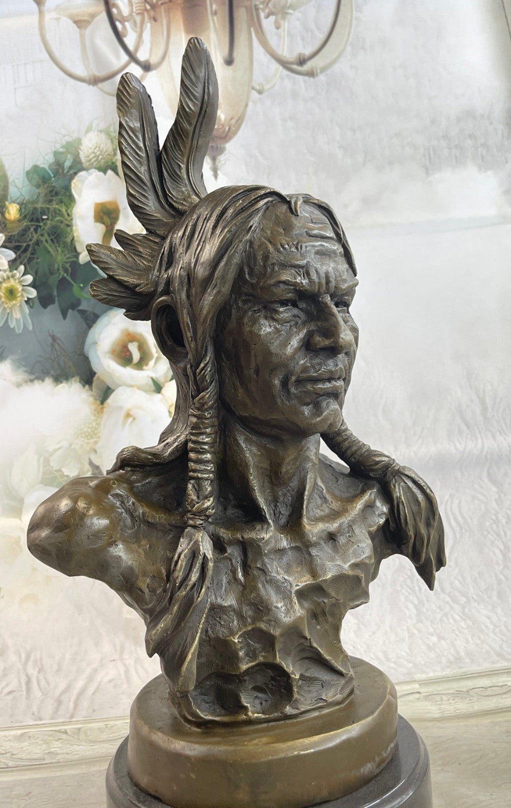 Large Original American Artist Fisher Native Indian Warrior Chief Bust Bronze Sc