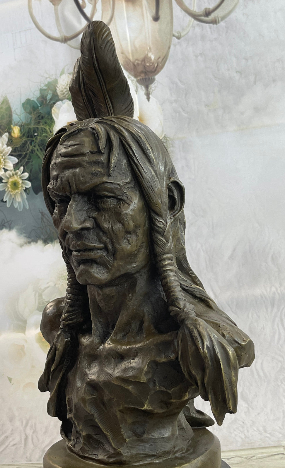 Large Original American Artist Fisher Native Indian Warrior Chief Bust Bronze Sc