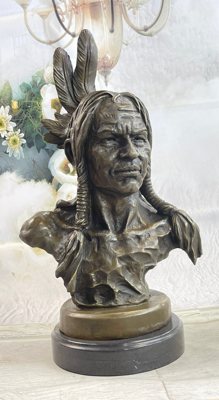 Large Original American Artist Fisher Native Indian Warrior Chief Bust Bronze Sc