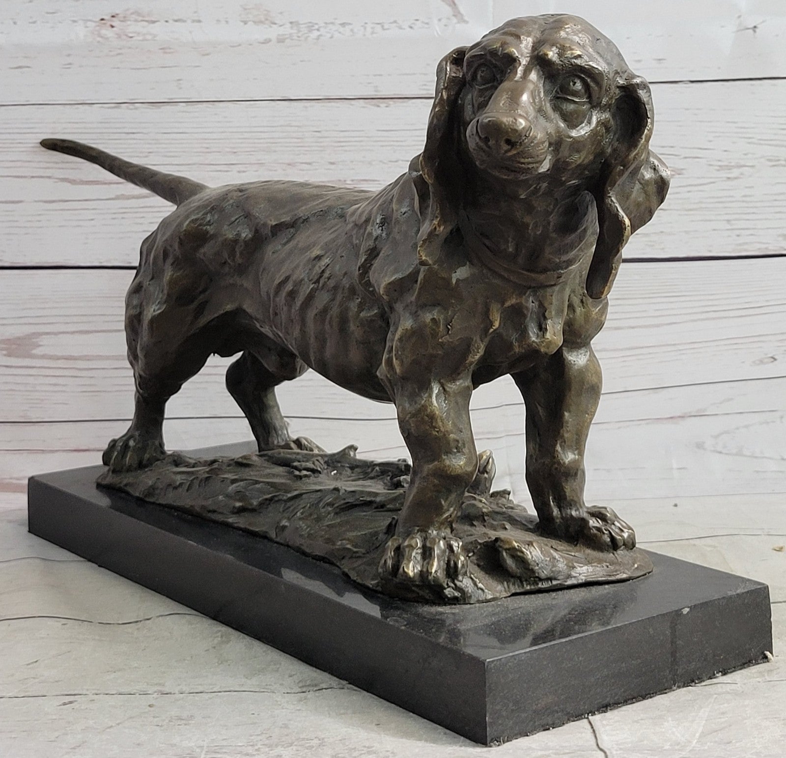 Handcrafted bronze sculpture SALE Bas Marble On Deco Art Dog Hound Basset Large