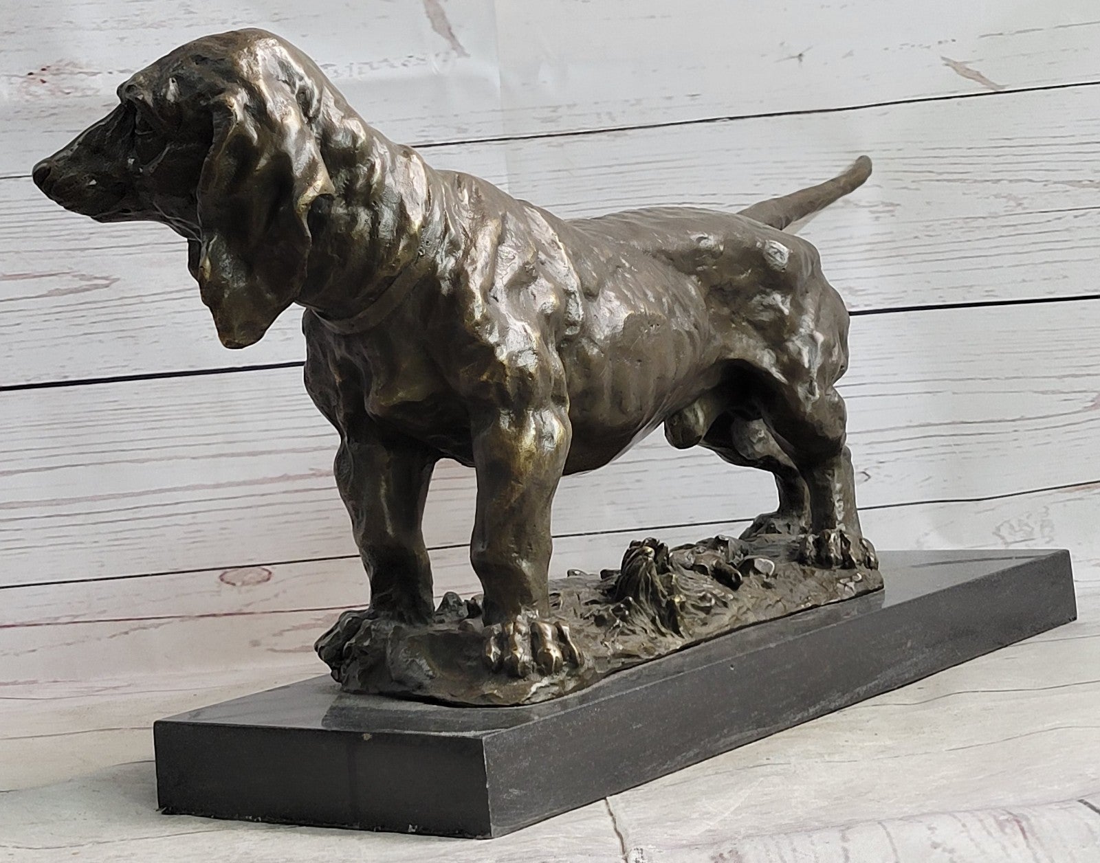 Handcrafted bronze sculpture SALE Bas Marble On Deco Art Dog Hound Basset Large