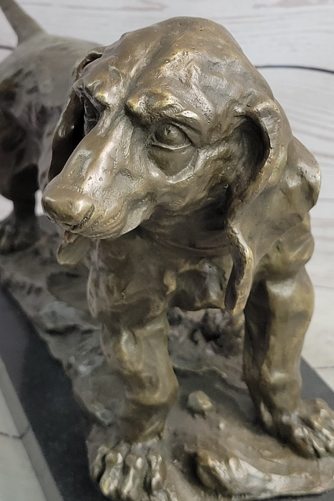 Handcrafted bronze sculpture SALE Bas Marble On Deco Art Dog Hound Basset Large