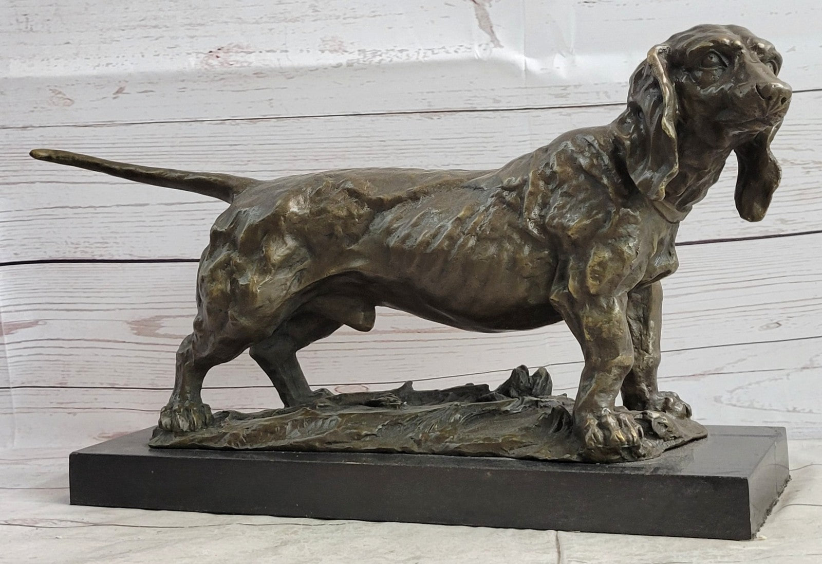 Handcrafted bronze sculpture SALE Bas Marble On Deco Art Dog Hound Basset Large