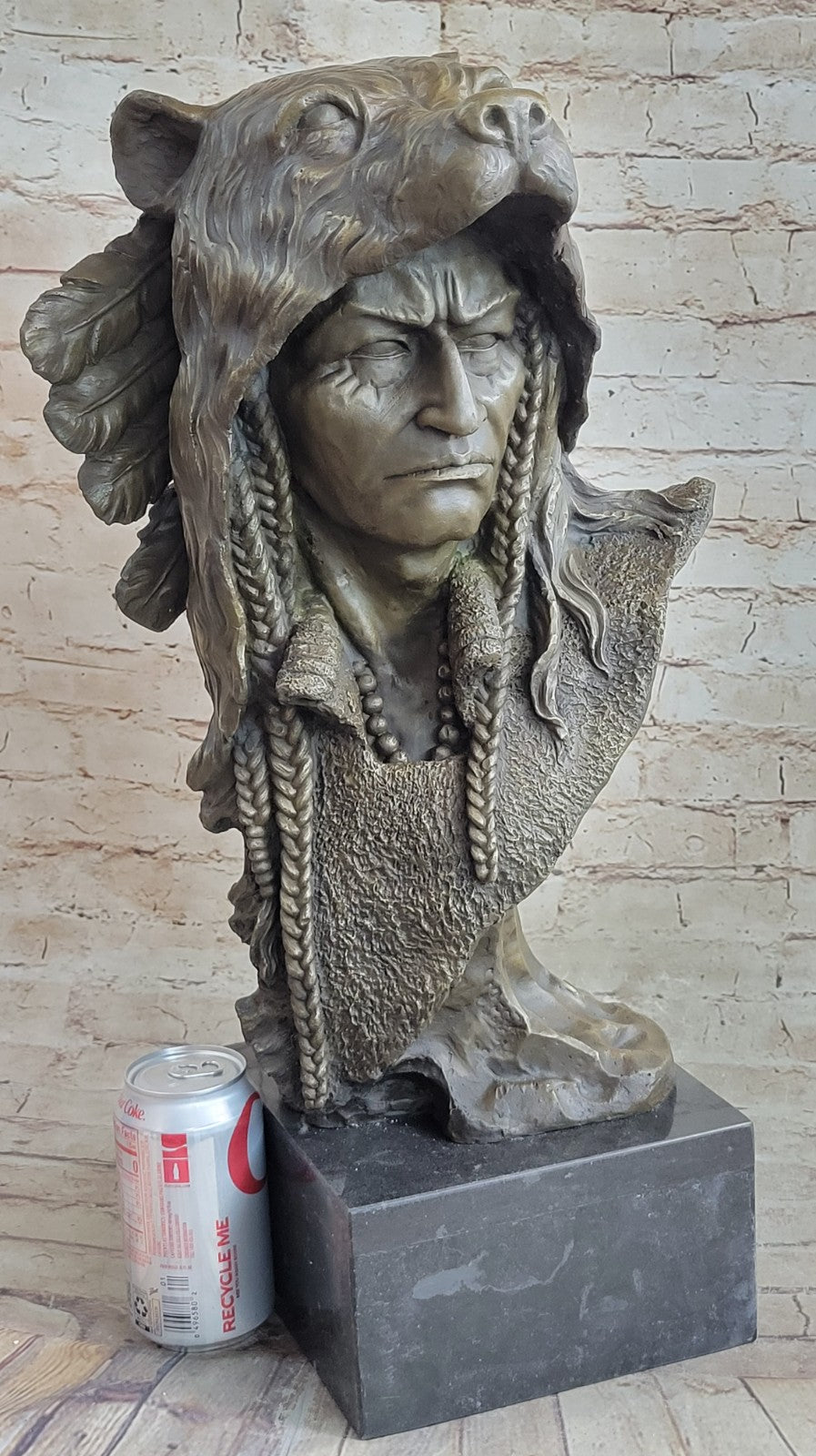 Handcrafted Large American Indian Warrior Bust Bonze Sculpture Detailed Figurine