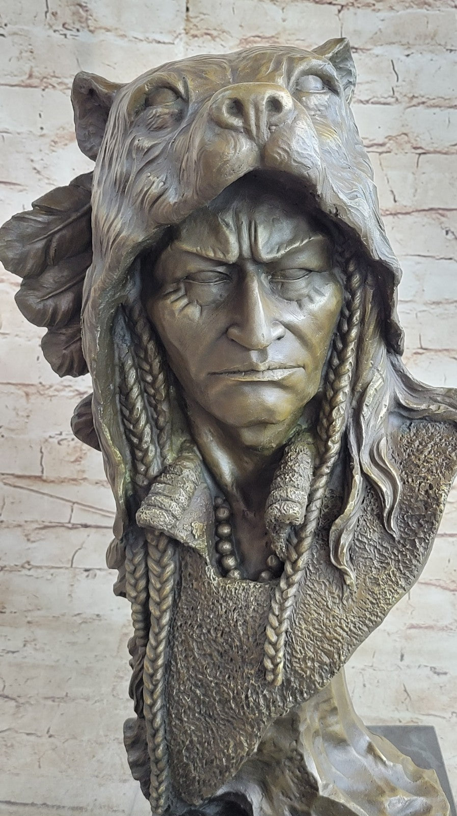 Handcrafted Large American Indian Warrior Bust Bonze Sculpture Detailed Figurine