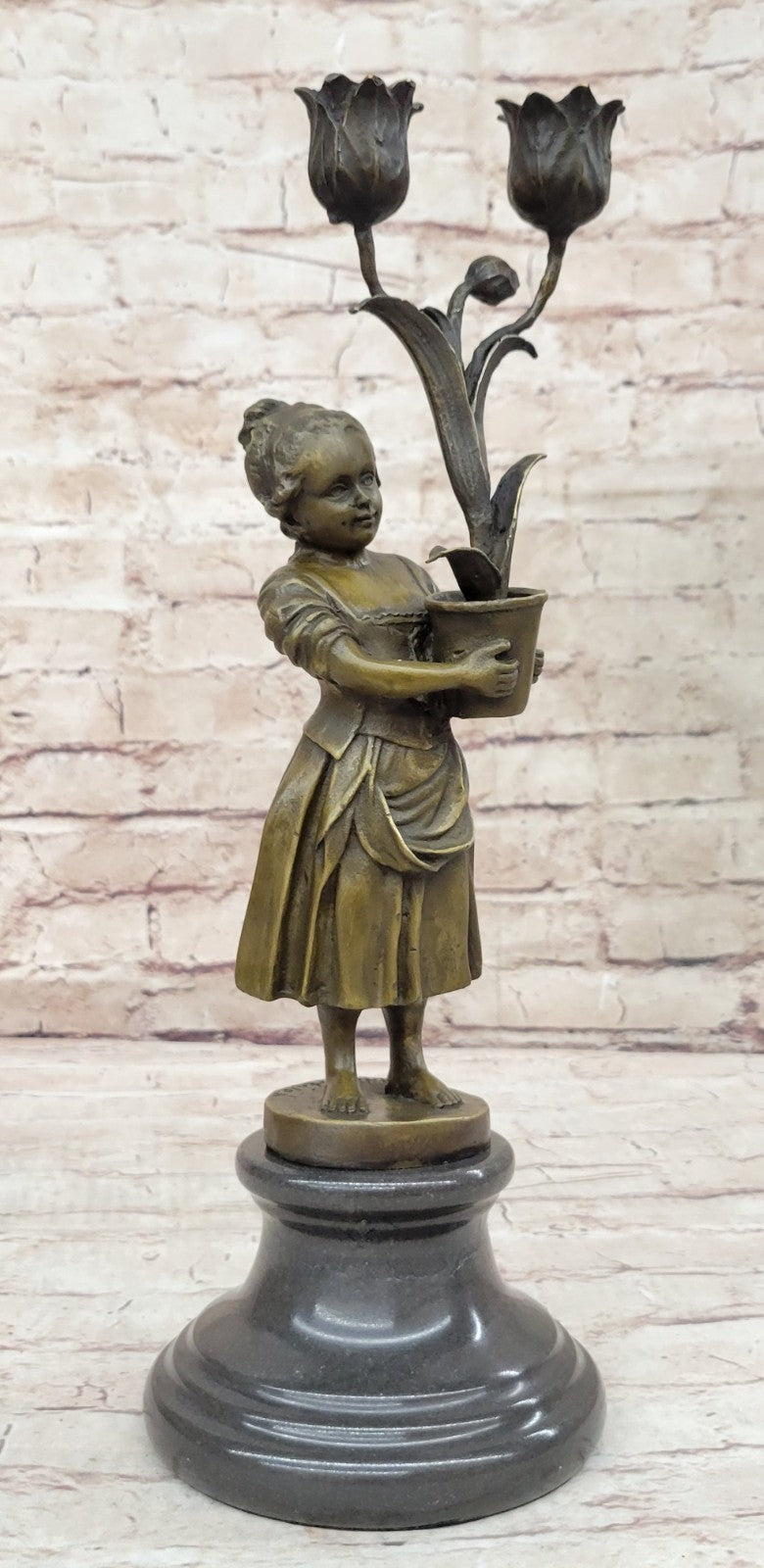 Aldo Vitaleh Original - Young Girl Holding Tulip Vase Bronze Statue Figure