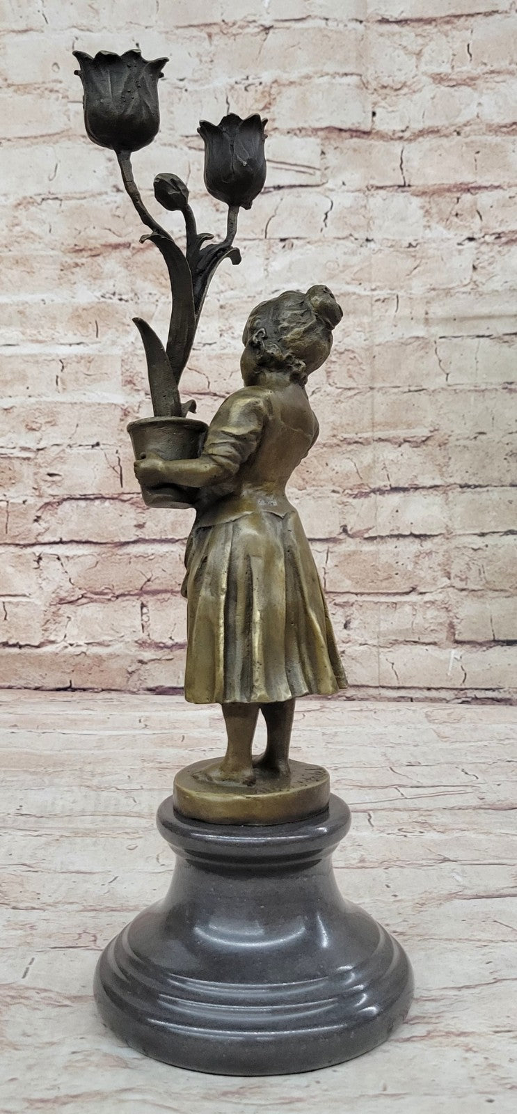 Aldo Vitaleh Original - Young Girl Holding Tulip Vase Bronze Statue Figure