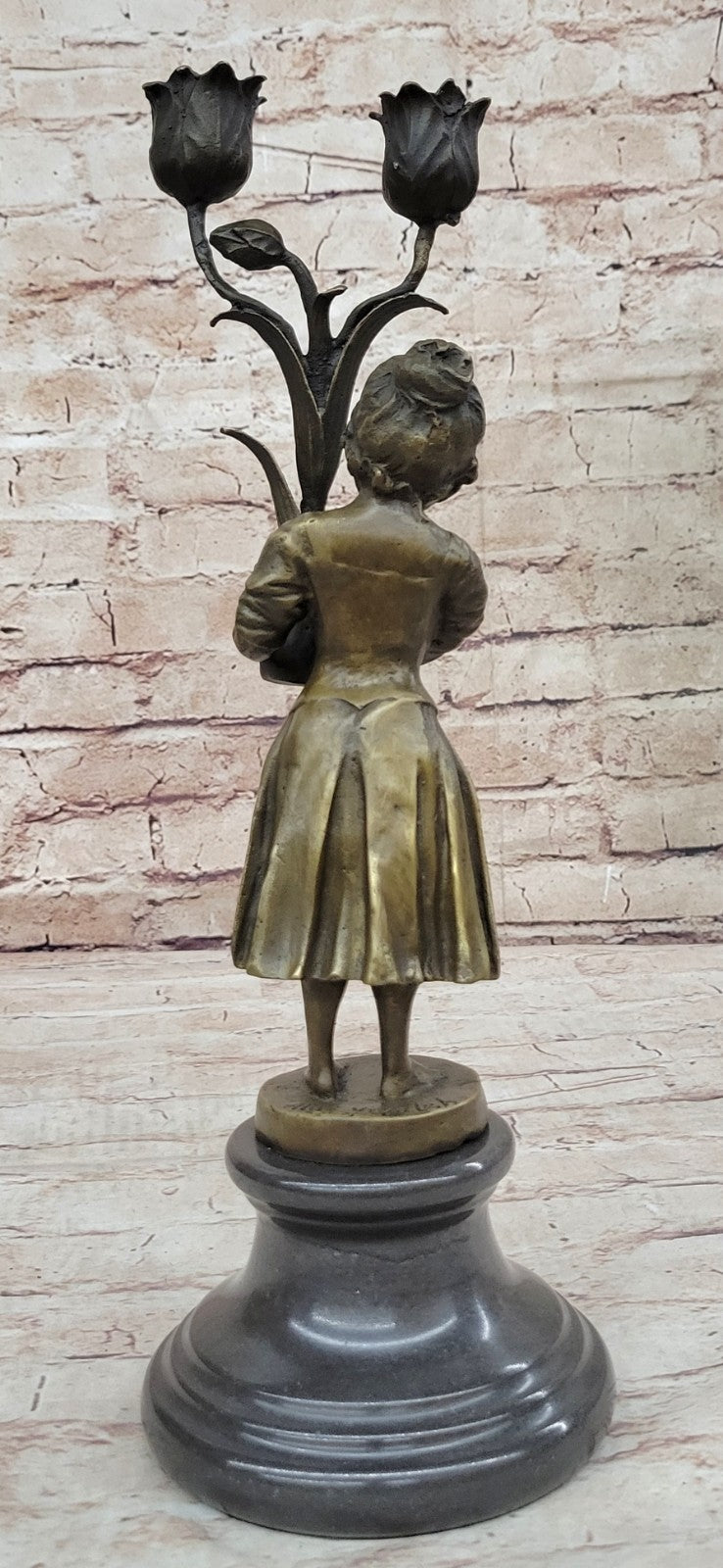 Aldo Vitaleh Original - Young Girl Holding Tulip Vase Bronze Statue Figure