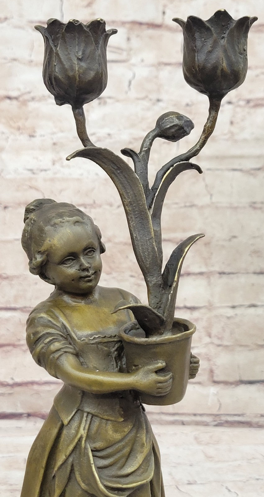 Aldo Vitaleh Original - Young Girl Holding Tulip Vase Bronze Statue Figure