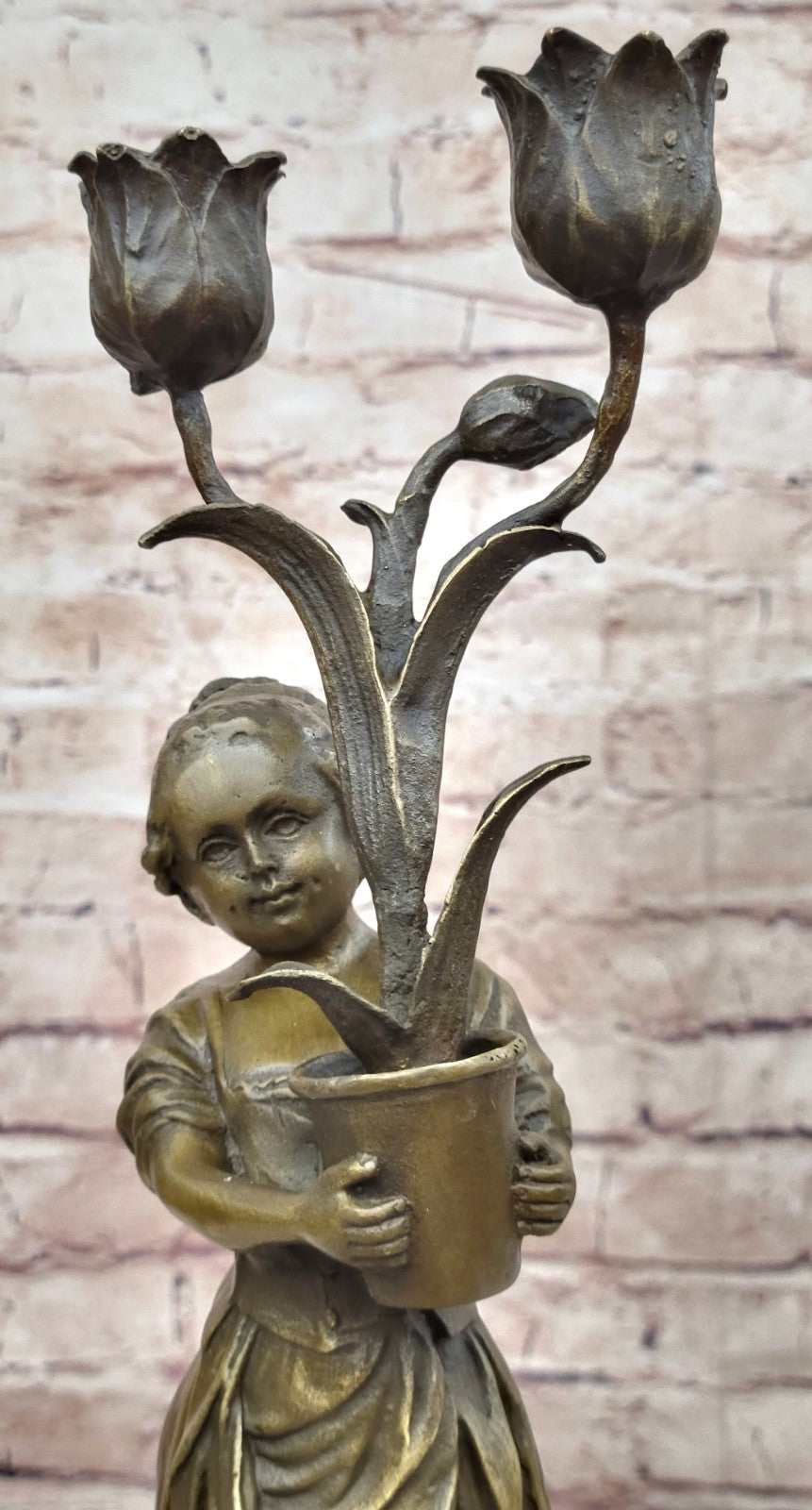 Aldo Vitaleh Original - Young Girl Holding Tulip Vase Bronze Statue Figure