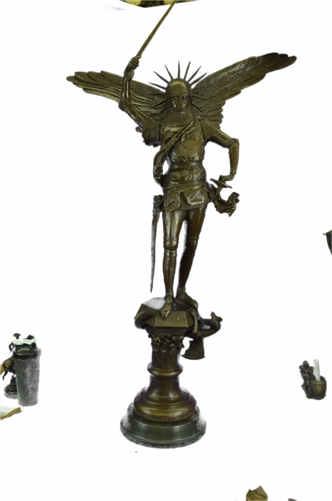 Large 53" Tall Archangel with Sword Bronze Marble Sculpture Statue Figurine Deco