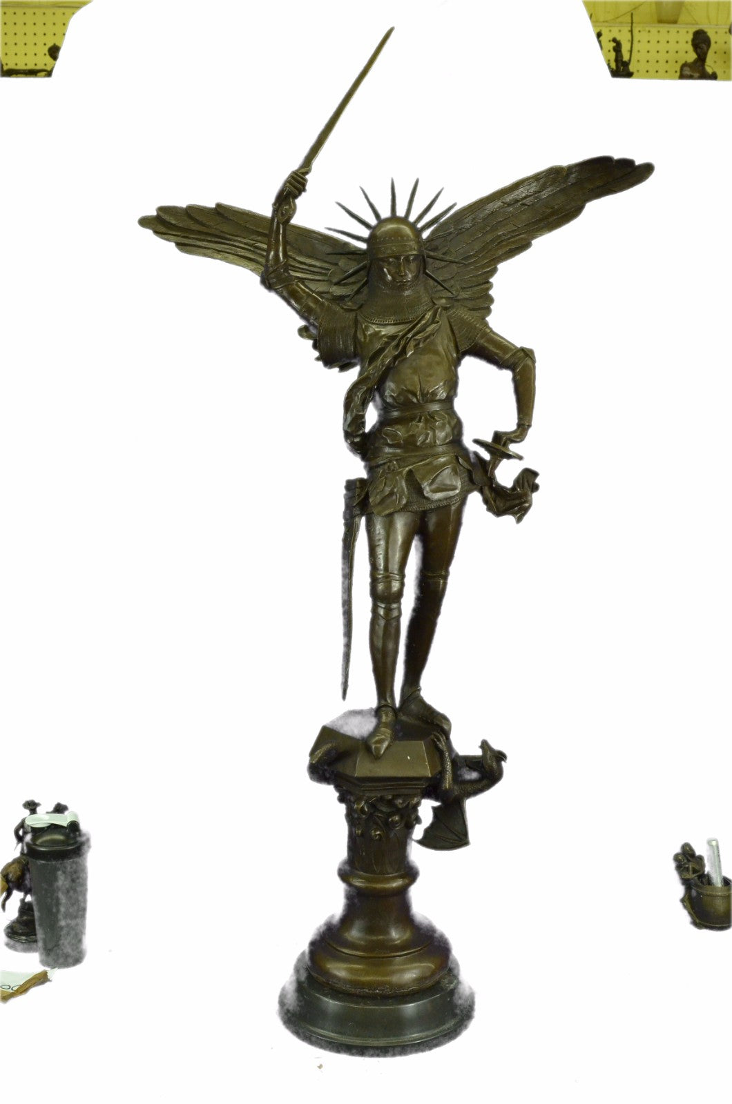 Large 53" Tall Archangel with Sword Bronze Marble Sculpture Statue Figurine Deco