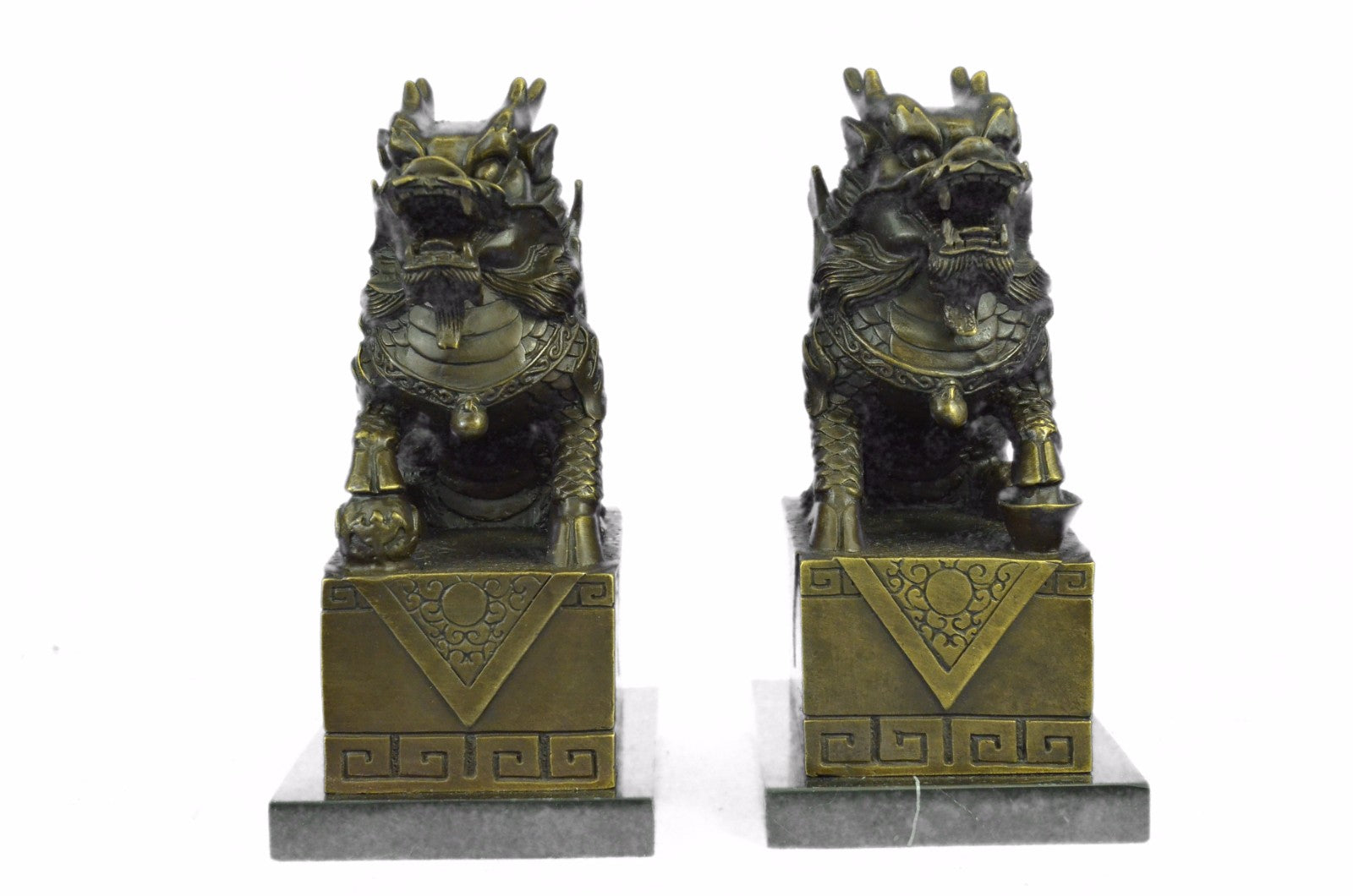 Chinese Vintage Copper Guardian Lion Foo Fu Dog Door guard Statue A Pair H25.4c