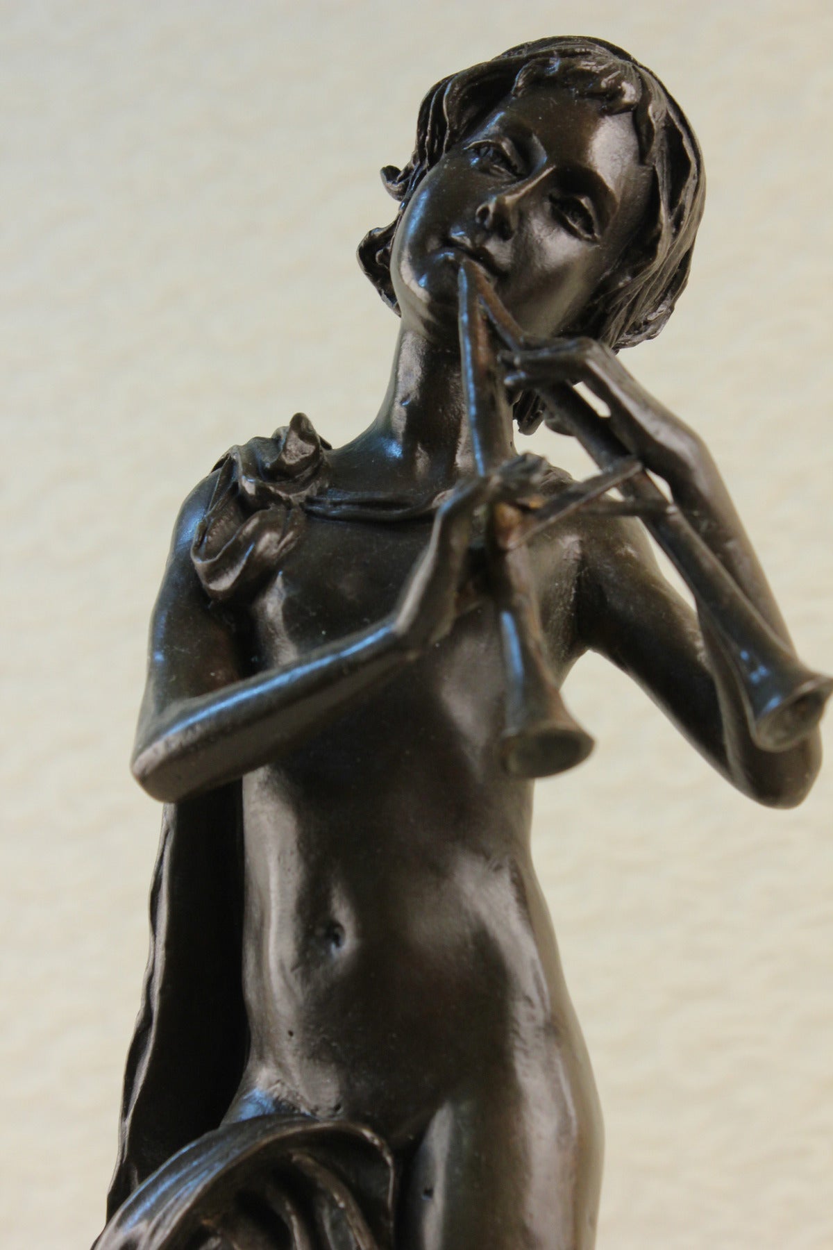 Handcrafted bronze sculpture SALE Decor Art Musical Flute Pan Girl Nude Marble