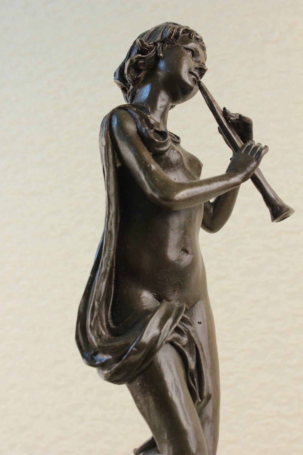 Handcrafted bronze sculpture SALE Decor Art Musical Flute Pan Girl Nude Marble