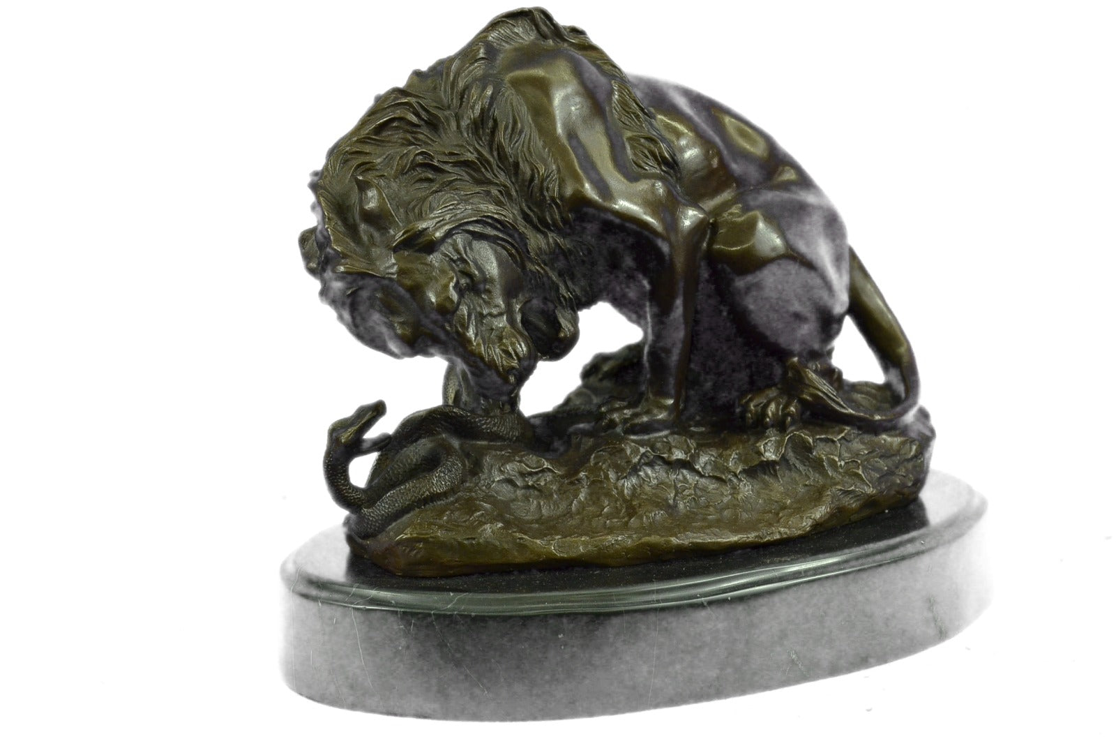 Signed Barye Venomous Snake approaches Lion Bronze Hot Cast Sculpture Figurine