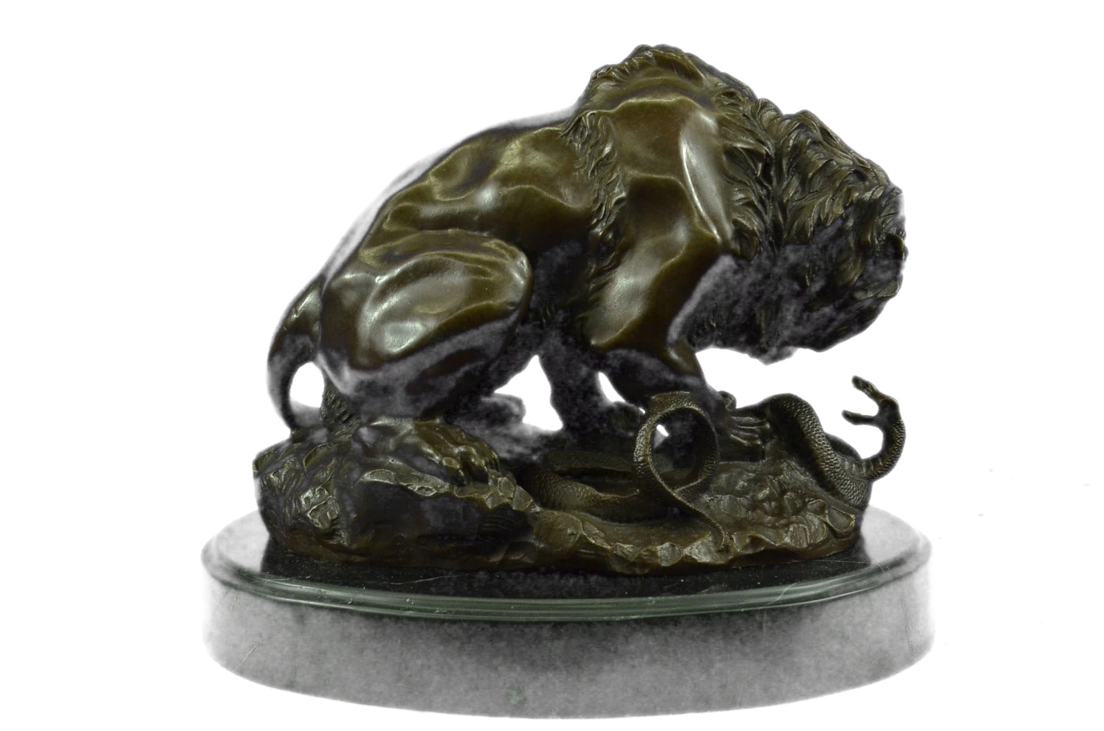 Signed Barye Venomous Snake approaches Lion Bronze Hot Cast Sculpture Figurine