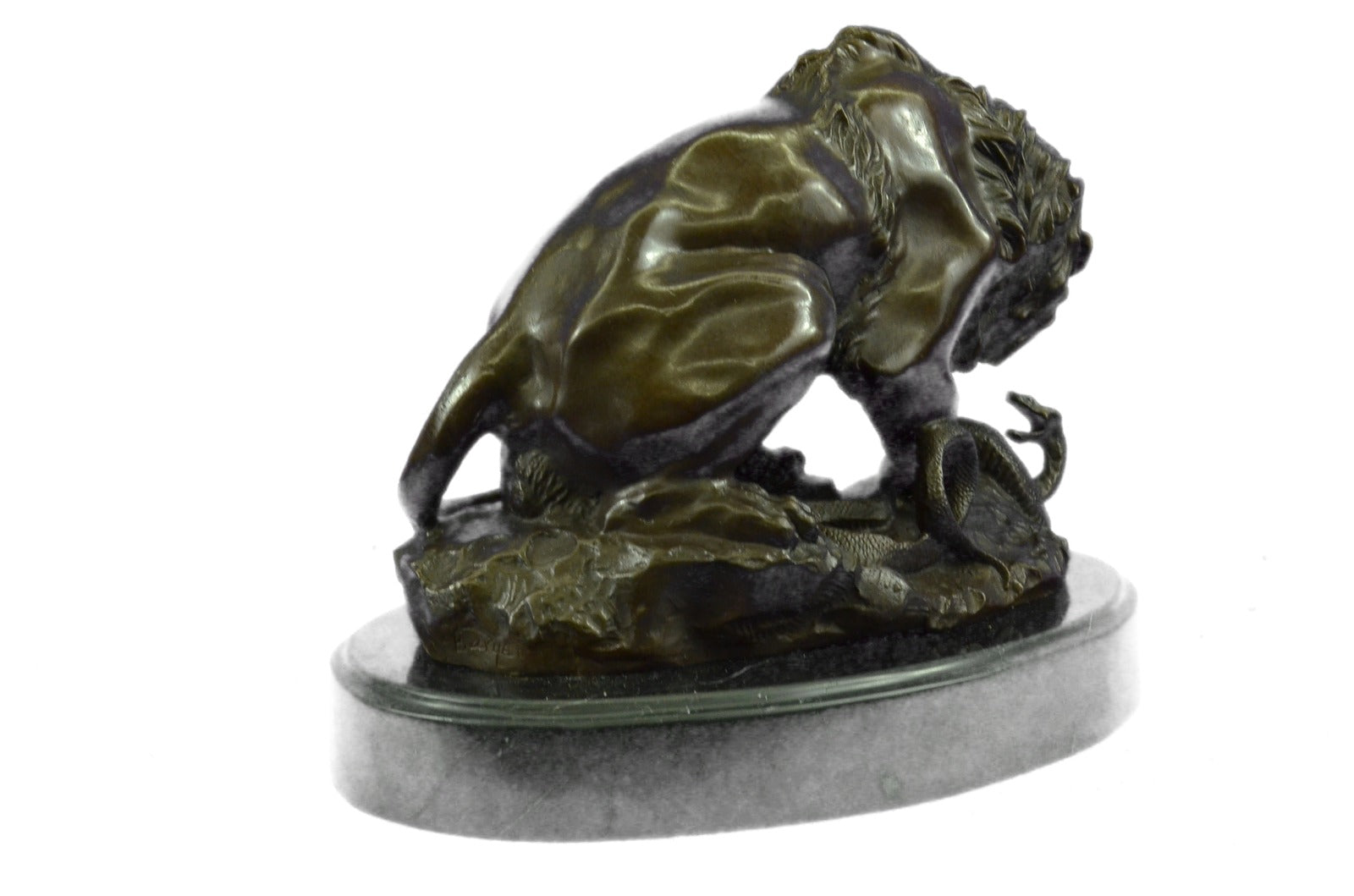 Signed Barye Venomous Snake approaches Lion Bronze Hot Cast Sculpture Figurine