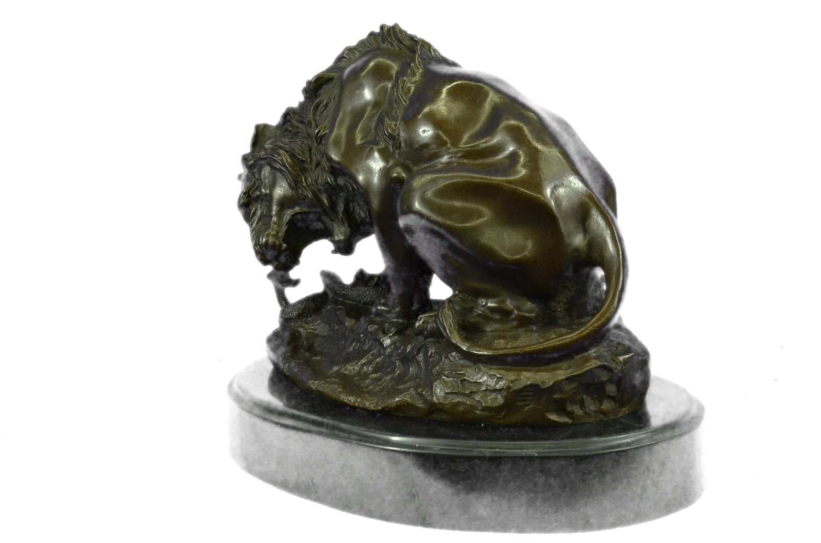 Signed Barye Venomous Snake approaches Lion Bronze Hot Cast Sculpture Figurine