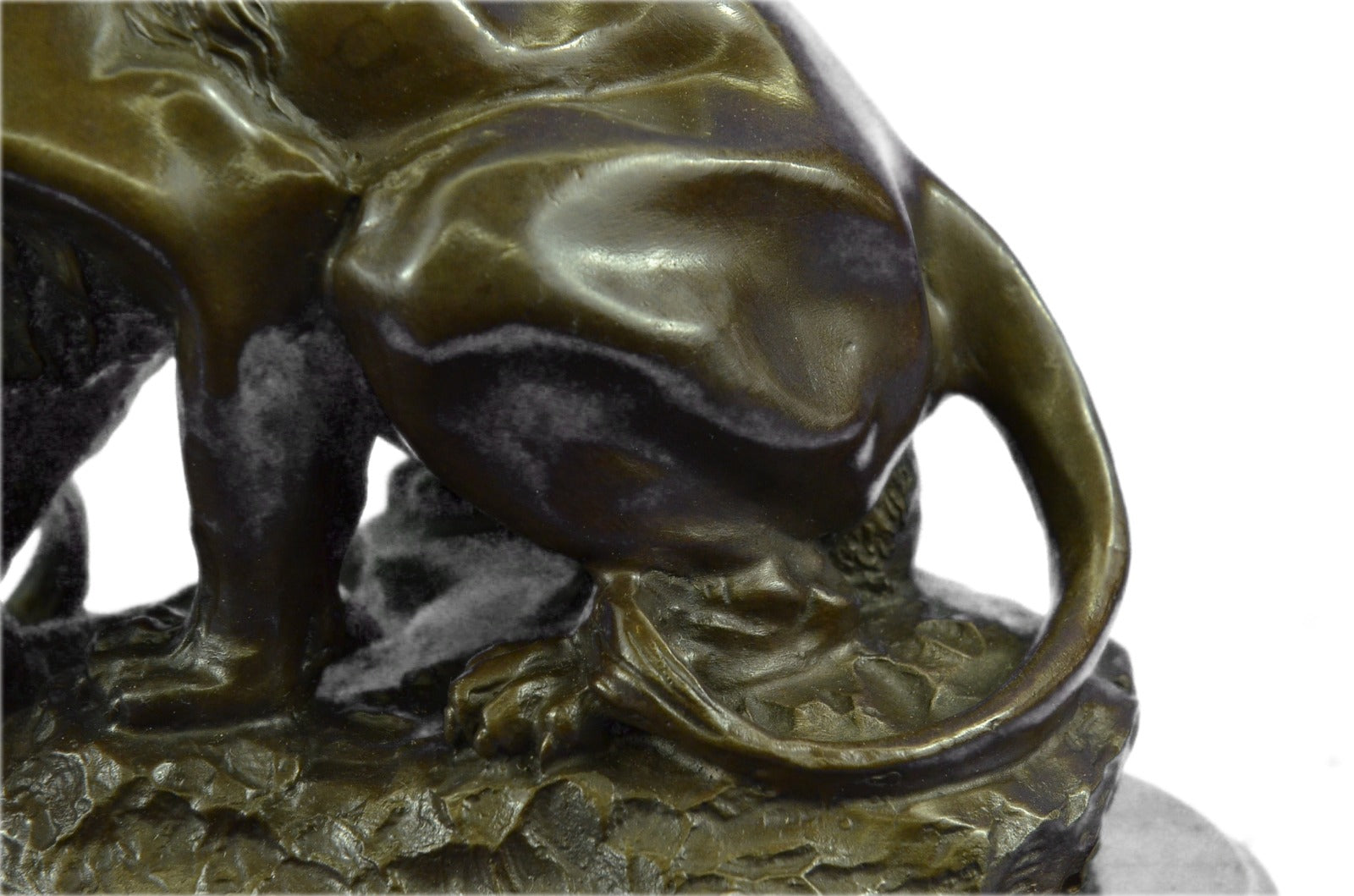 Signed Barye Venomous Snake approaches Lion Bronze Hot Cast Sculpture Figurine