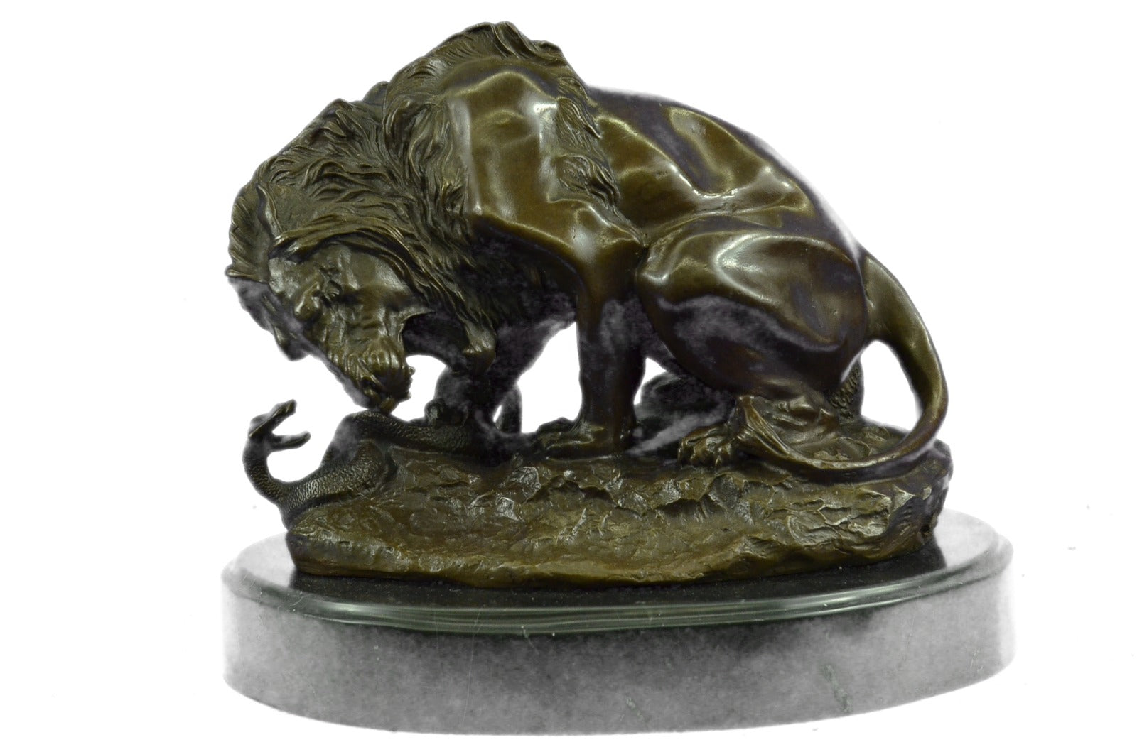 Signed Barye Venomous Snake approaches Lion Bronze Hot Cast Sculpture Figurine