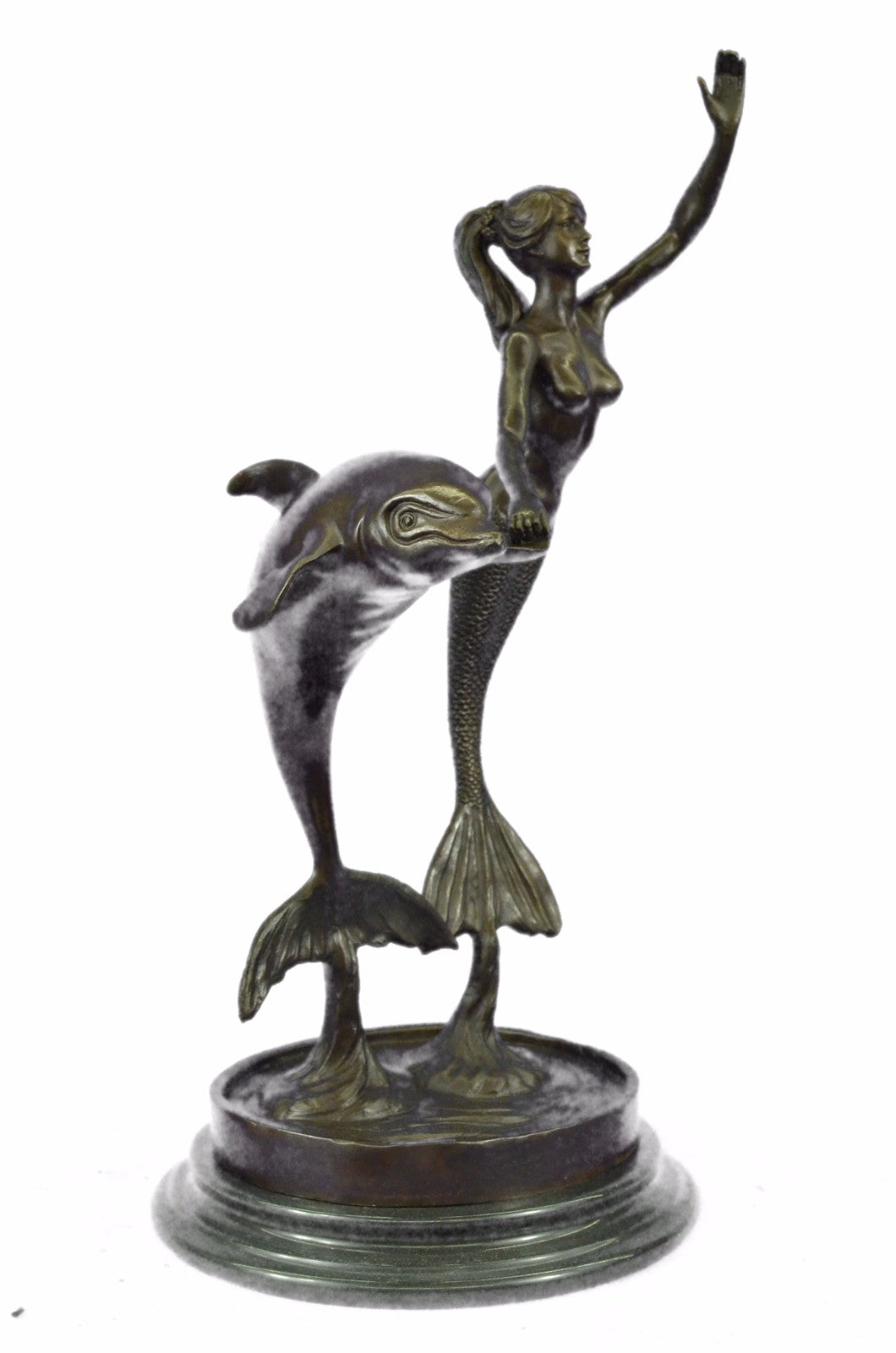 Vintage Art Deco Nude Nouveau Statuette Metal Bronze Mermaid Dolphin Statue